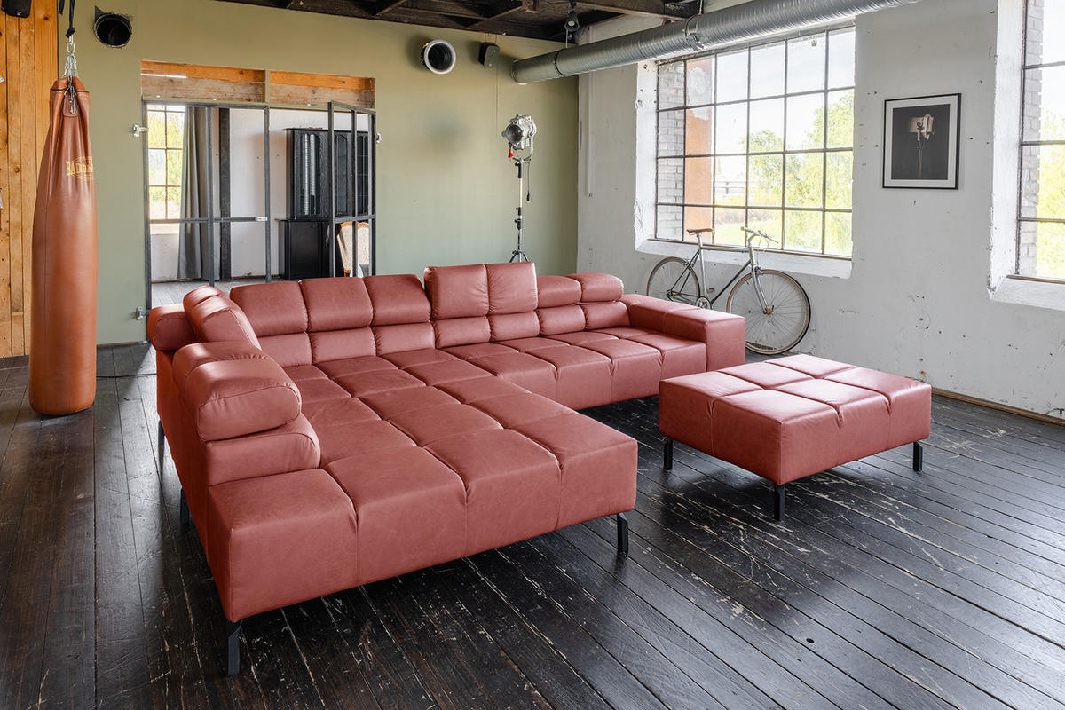 ECKSOFA NELSON Rot Leder - Rot/Schwarz, Leder/Metall (321/216cm) - KAWOLA