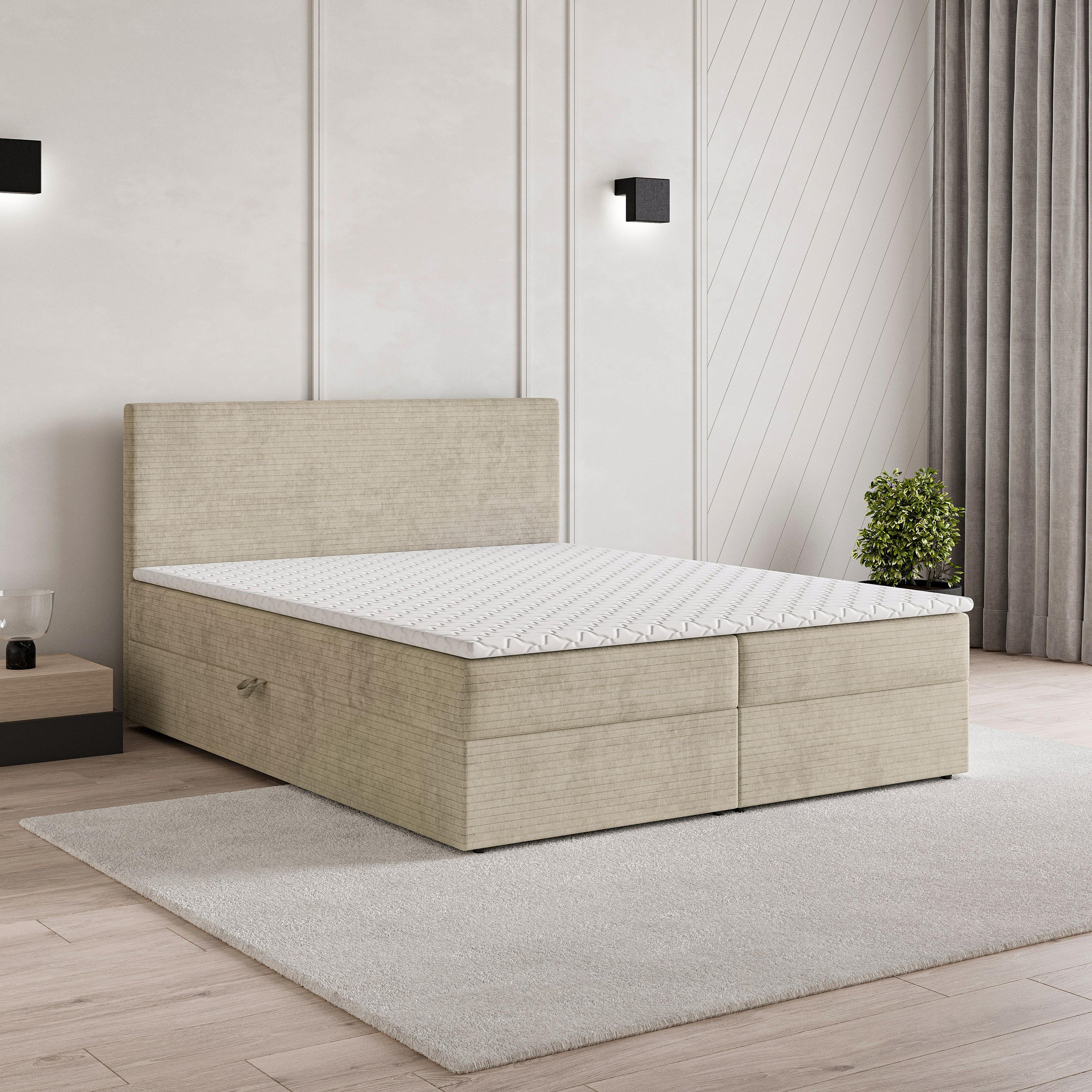 BOXBETT NIRA 140x200 cm mit Matratze und Topper - Creme - Creme, Holz (140/200cm) - MASSENO