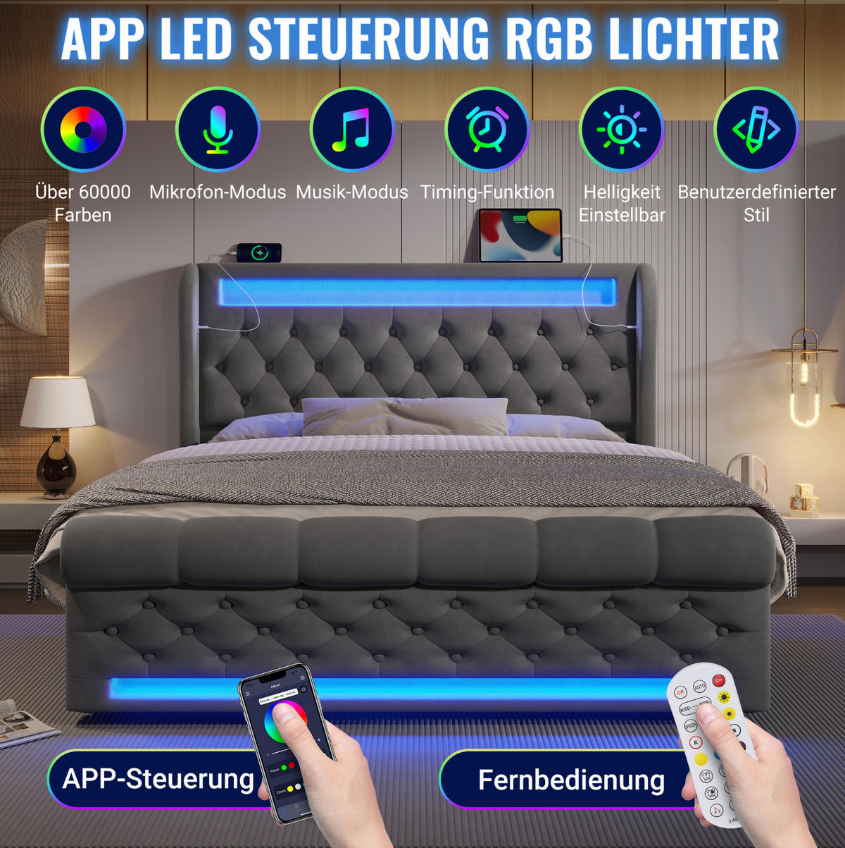 POLSTERBETT 140/190 cm Grau aus Samt mit LED und Stauraum - Grau, Textil (140/190cm) - OKMYHOME