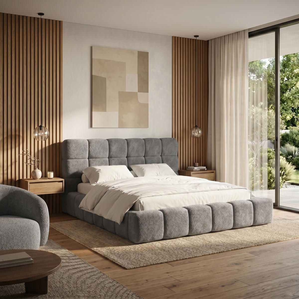 POLSTERBETT AMITY MAXI 140x200 cm in Grau, gepolstertes Kopfteil, Lattenrost, Bettkasten, Bouclé-Stoff - Naturfarben/Grau, Holz/Textil (140/200cm) - Muffo