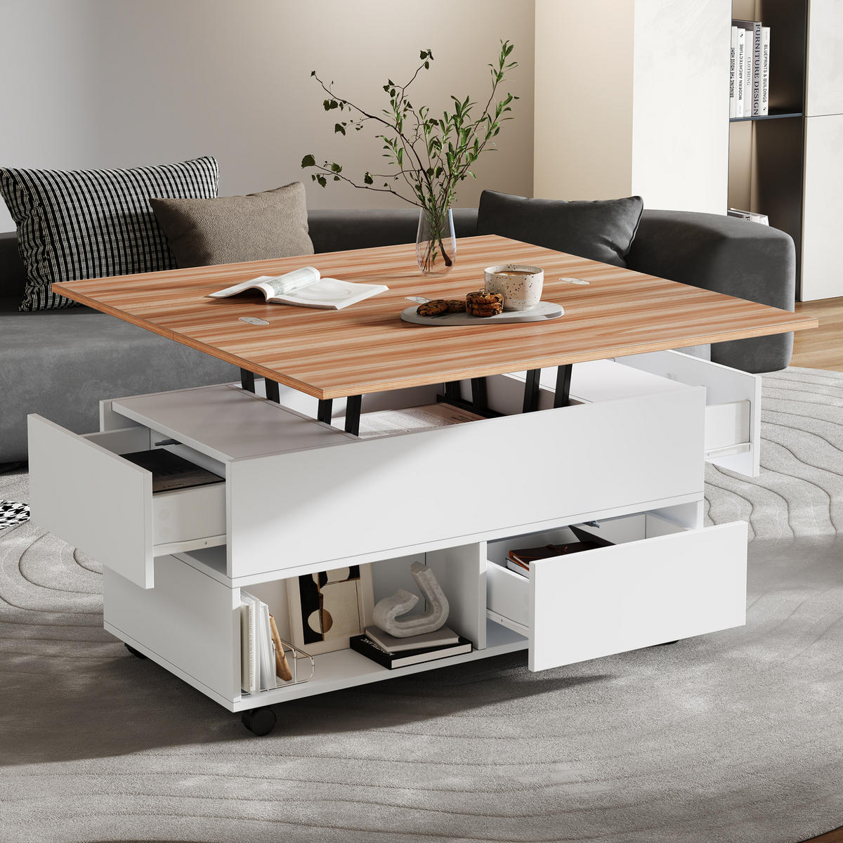 COUCHTISCH höhenverstellbar 100 x 50 cm Weiß/Holzfarbe mit 4 Schubladen - Weiß, Holzwerkstoff (100/50/52cm) - Meubliv