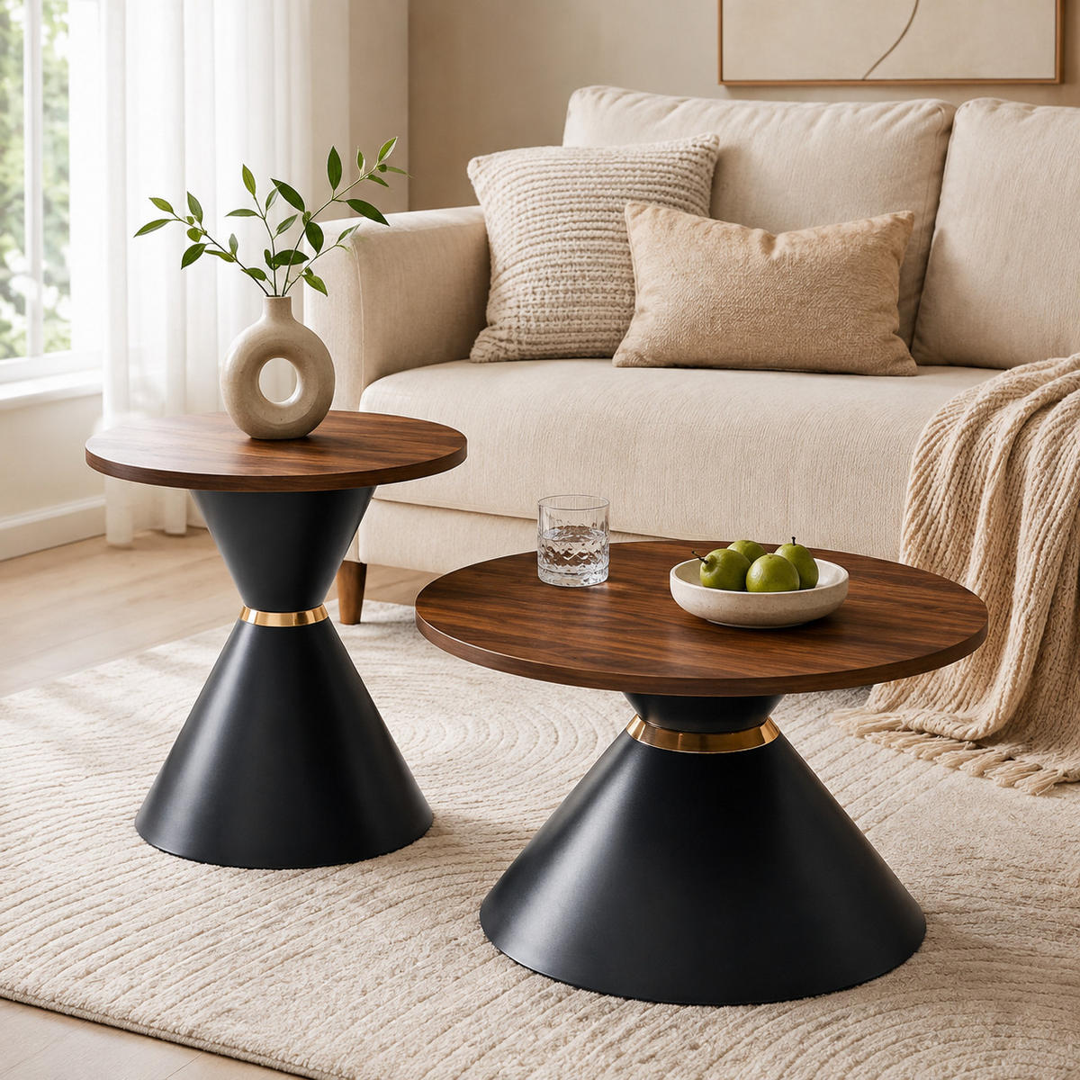 COUCHTISCH-SET DE-37439 2er-Set konusförmig mit Walnussoptik Schwarz - Walnussfarben, Metall (50/50/50.5cm) - ComfortXL