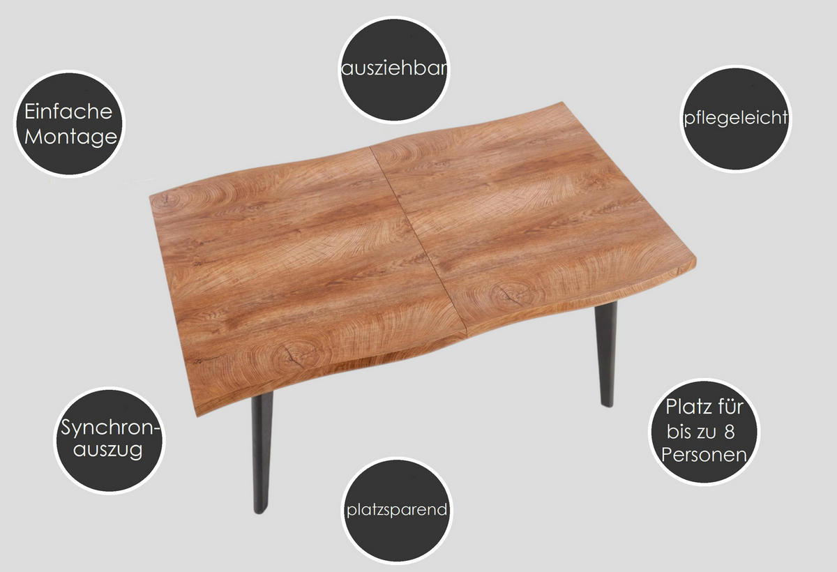 ESSTISCH rechteckig ausziehbar Eiche Natur Echtholz Baumkante - Eichefarben, Holz (80/120/75cm) - designimpex