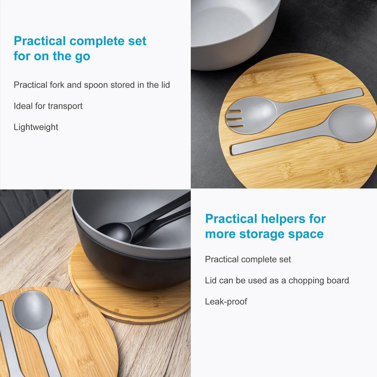 SALATSCHÜSSEL mit Besteck - Grau, Kunststoff (24.5cm) - Intirilife