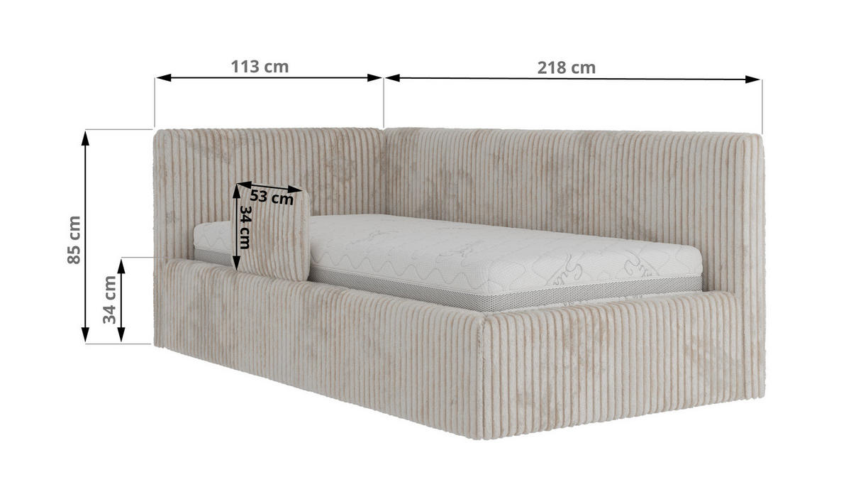 POLSTERBETT TILVO ALTA 90/200 - Beige Cord - Multitaschenfederkernmatratze - Rechts - Beige, Textil (200/90cm) - MKS