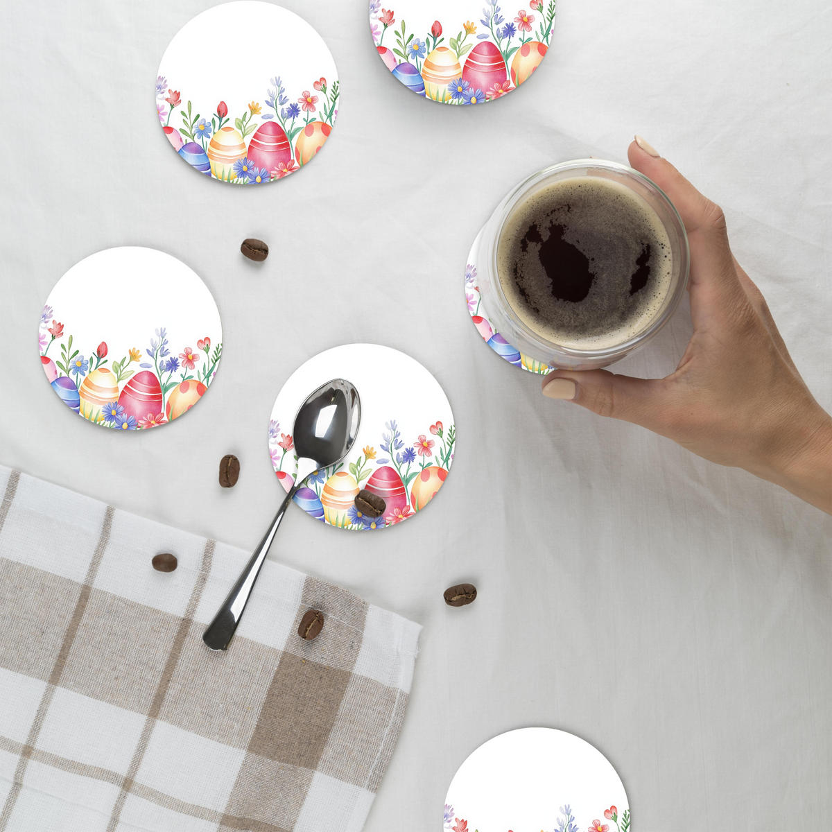 GLASUNTERSETZER Blumengarten - Bunt - Eier 10x10 cm - Weiß, Naturmaterialien (10/0.2cm) - MuchoWow