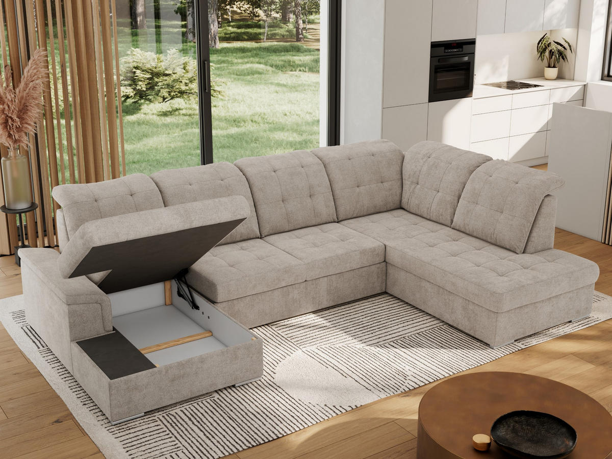 WOHNLANDSCHAFT MADRITO U - Beige Struktur - Rechts - Beige/Silberfarben, Textil/Metall (323/89/204cm) - MKS