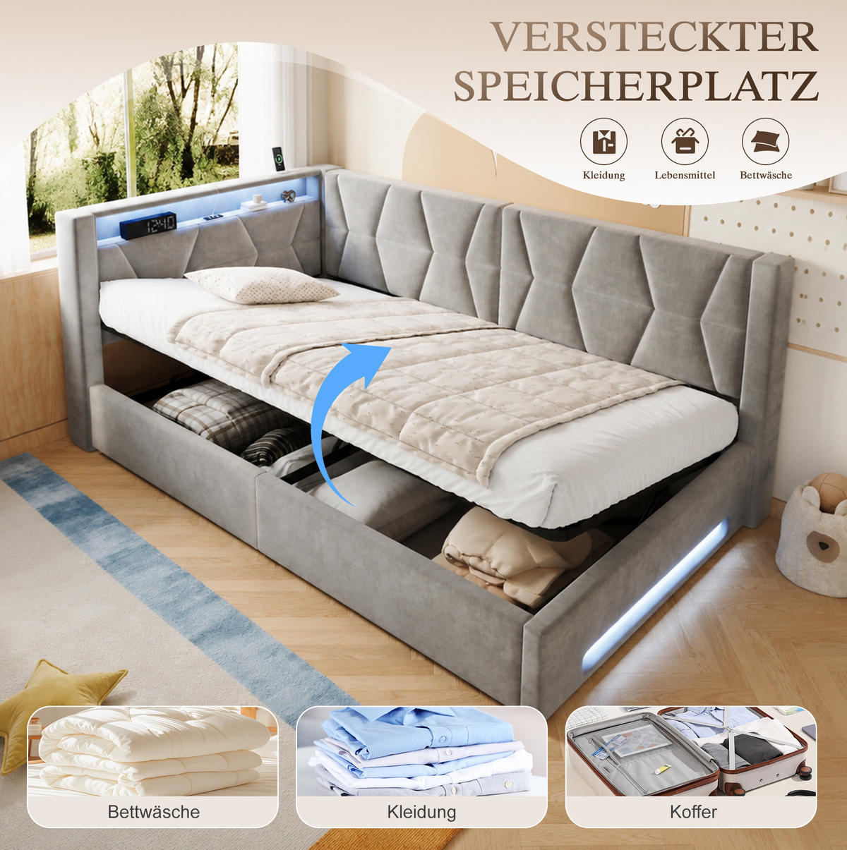 POLSTERBETT 90x200 cm in Dunkelgrau mit Bettkasten, LED-Beleuchtung, USB und Type-C - Dunkelgrau, Metall (90/200cm) - IVMEU