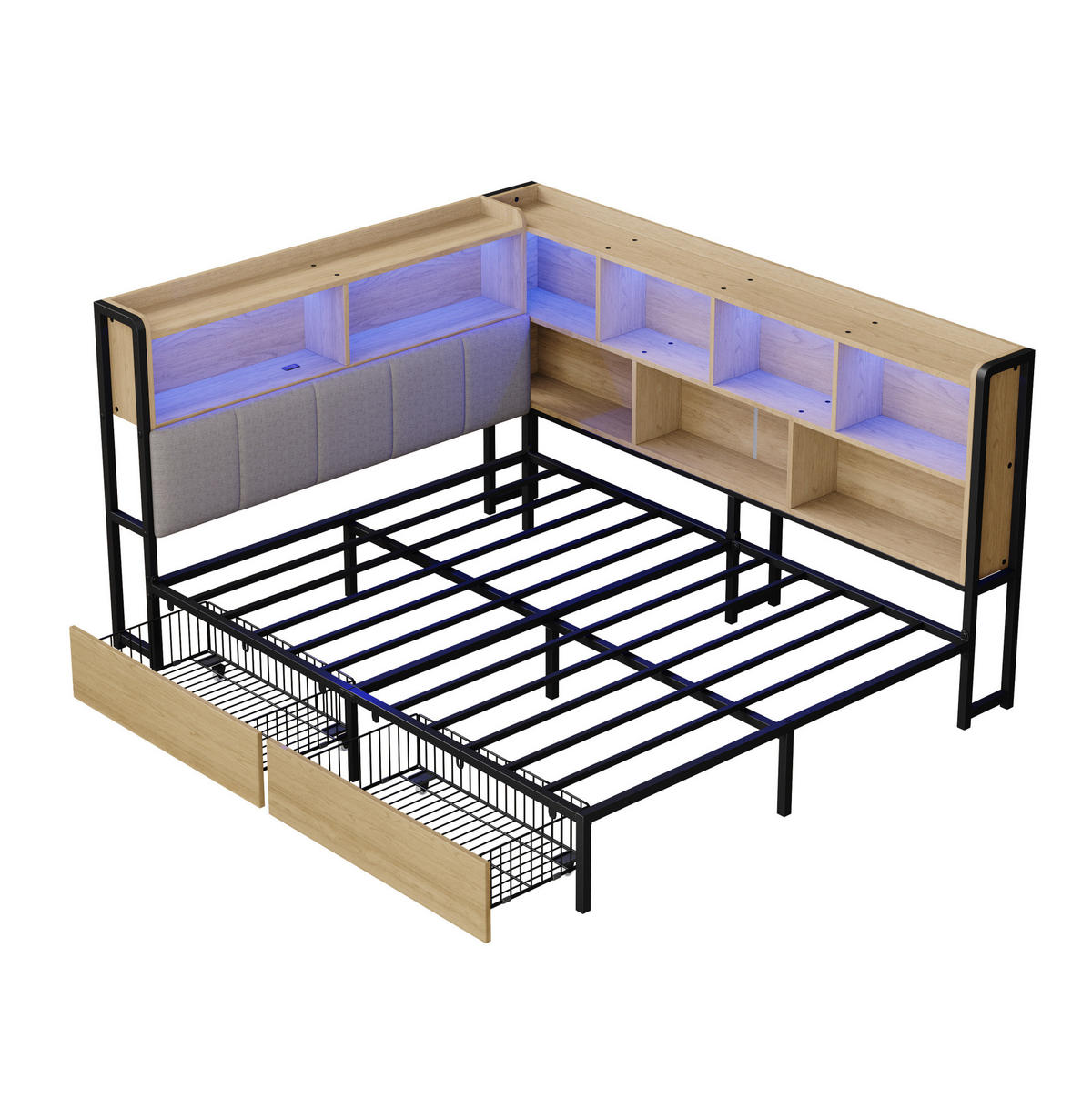 ČALÚNENÁ posteľ 90x200/140x200 cm s LED osvetlením, USB a Type-C nabíjaním, úložným priestorom a 2 zásuvkami, Sivá - prírodná farba, kompozitné drevo (140/200cm) - Redom