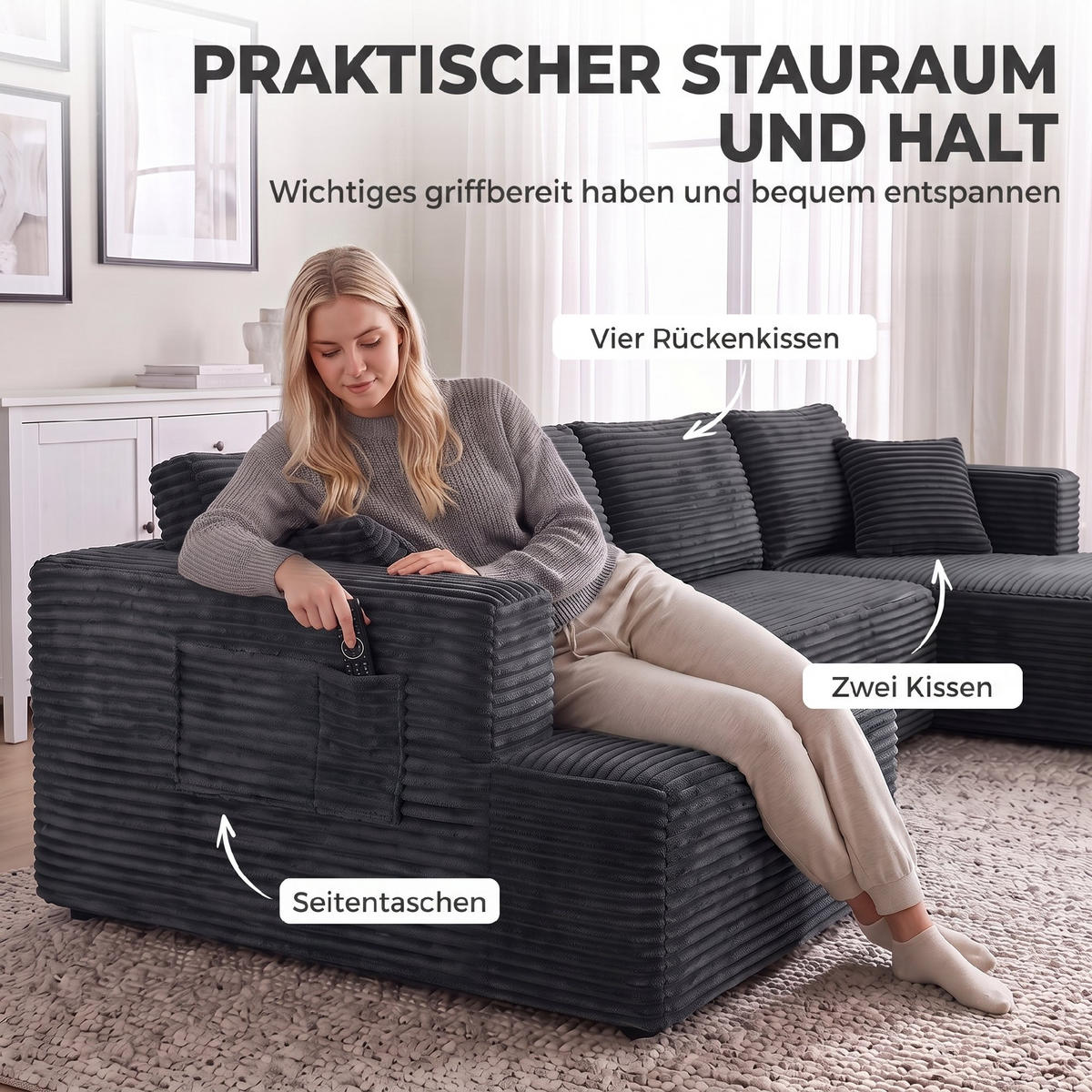 ECKSOFA Dunkelgrau 369.0/152.0/78.0 cm - Dunkelgrau, Textil (152/369cm)