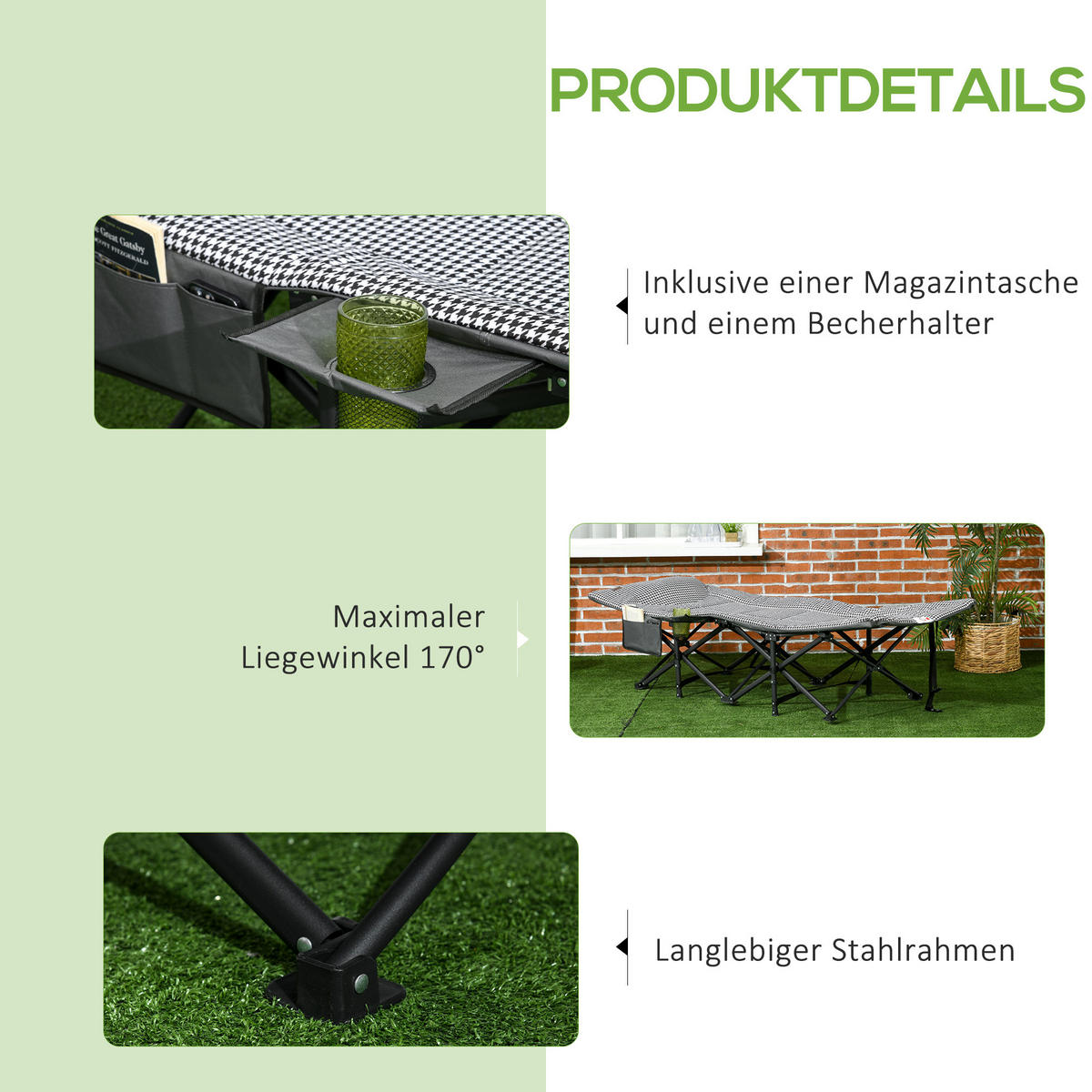 FELDBETT Campingbett mit Tasche & Becherhalter 68 x 186 x 48 cm Schwarz - Grau, Metall (186/48/68cm) - ComfortXL