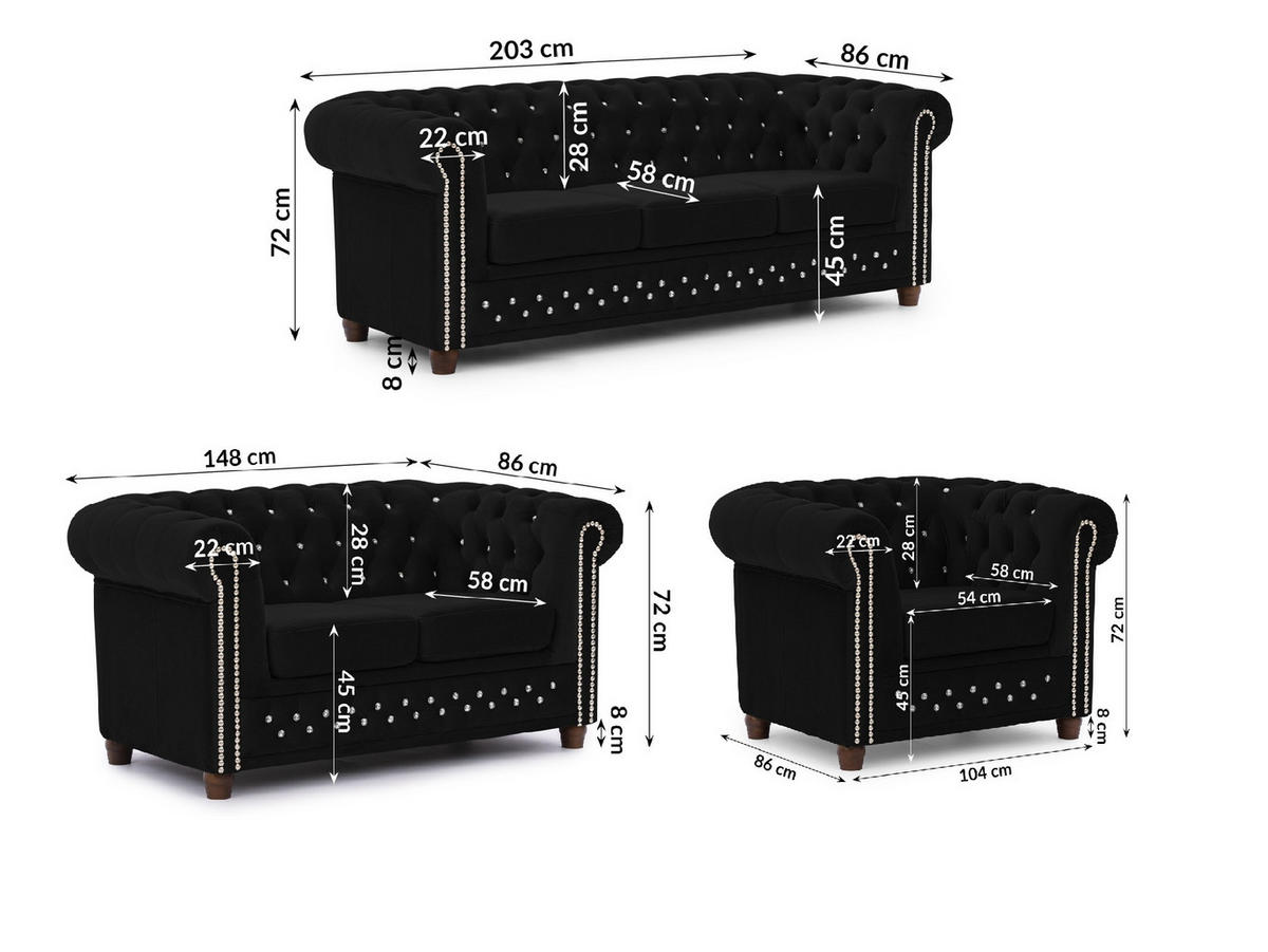 SITZGARNITUR 3+2+1 Chesterfield Cleo Blink Schwarz Samt mit Kristallsteppung und braunen Massivholzfüßen - Schwarz/Braun, Holz/Textil (203/72/86cm) - S-Style Möbel