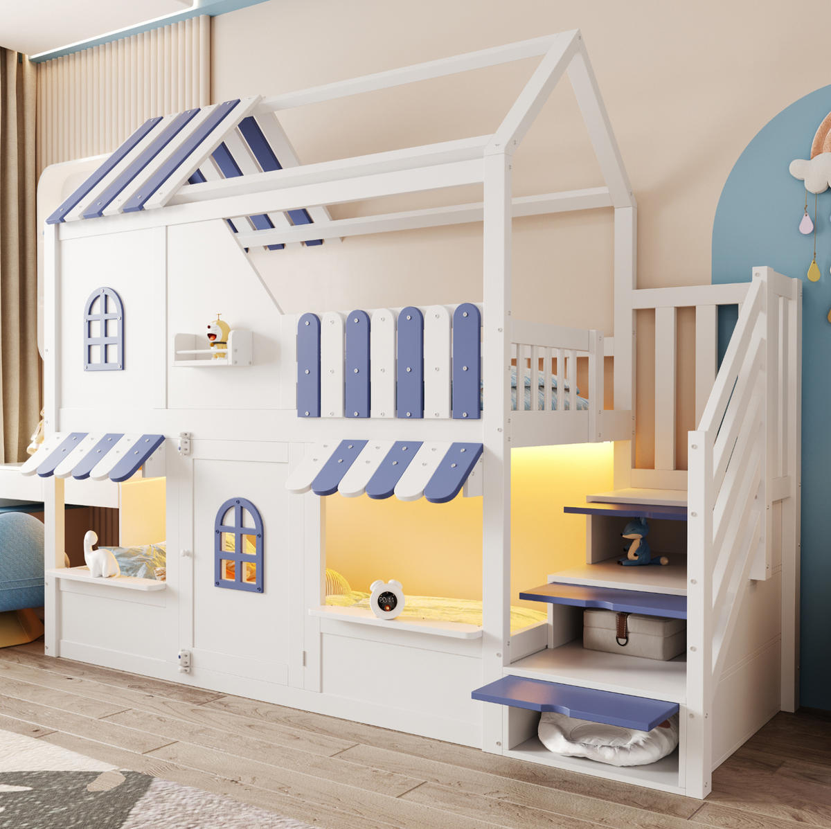ETAGENBETT 90/200 cm Weiß Blau mit LED und Stauraum - Weiß, Holz (90/200cm) - MIVRAY