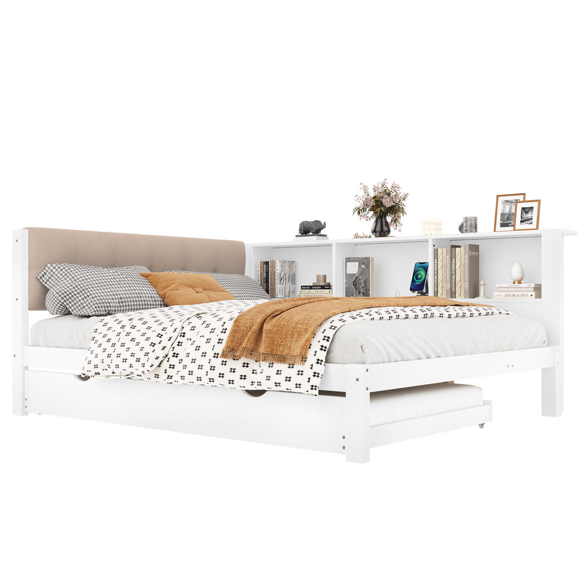 TAGESBETT 140/200 cm weiß aus Kiefernholz mit ausziehbarem Bett und dimmbarer LED-Beleuchtung - Weiß, Holz (140/200cm) - OKWISH