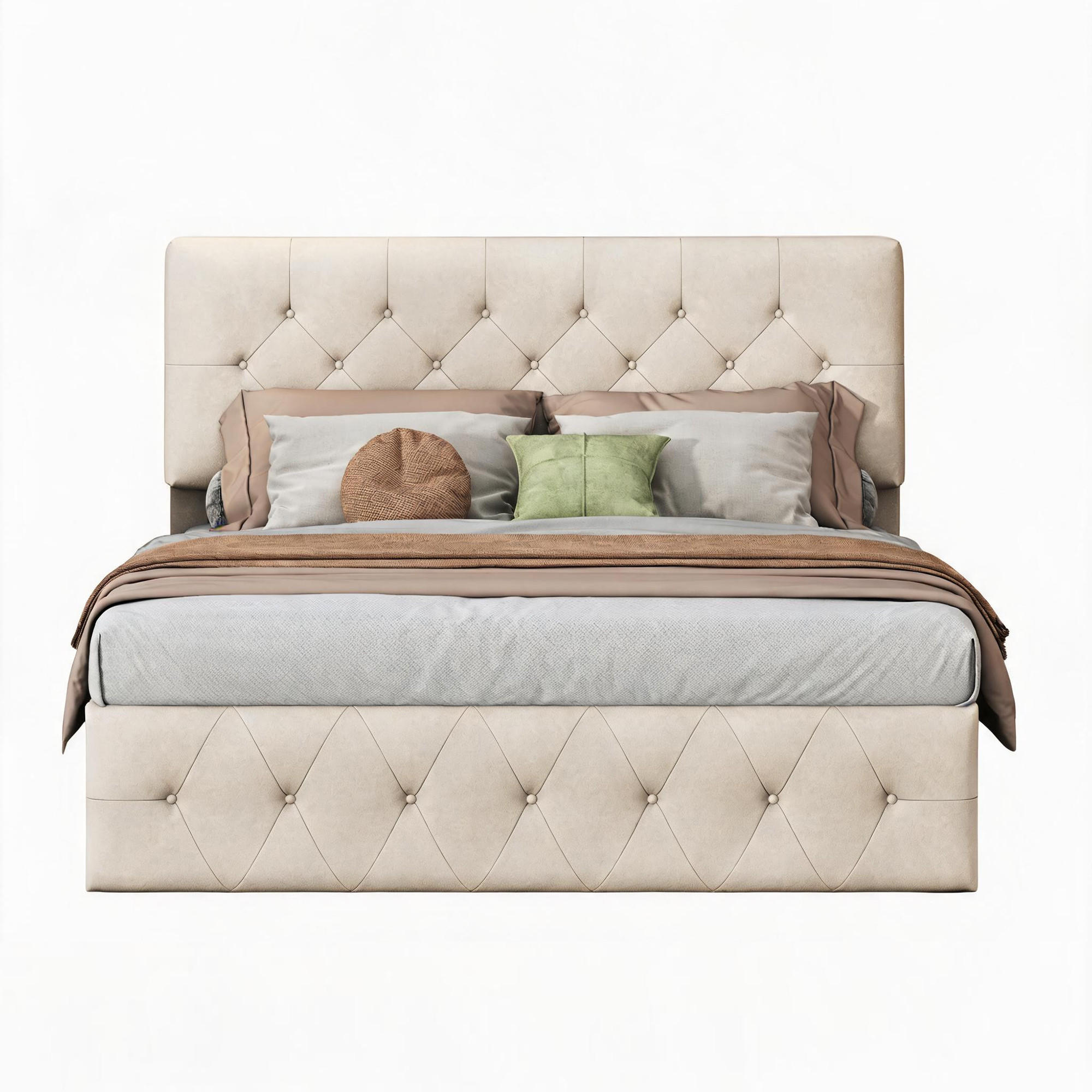 POLSTERBETT 140x200 cm mit Bettkasten und Hydraulik, Doppelbett mit Lattenrost und Kopfteil, Bett 140x200, Samtstoff, Beige - Beige, Textil/Metall (140/200cm) - GENKI LIVING