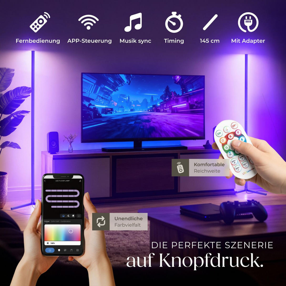 LED-STEHLAMPE Spectra,Innovativer Musik-Aktivierungsmodus,schwarz/weiß - Schwarz/Weiß, Metall (29.5/29.5/145cm) - tectake