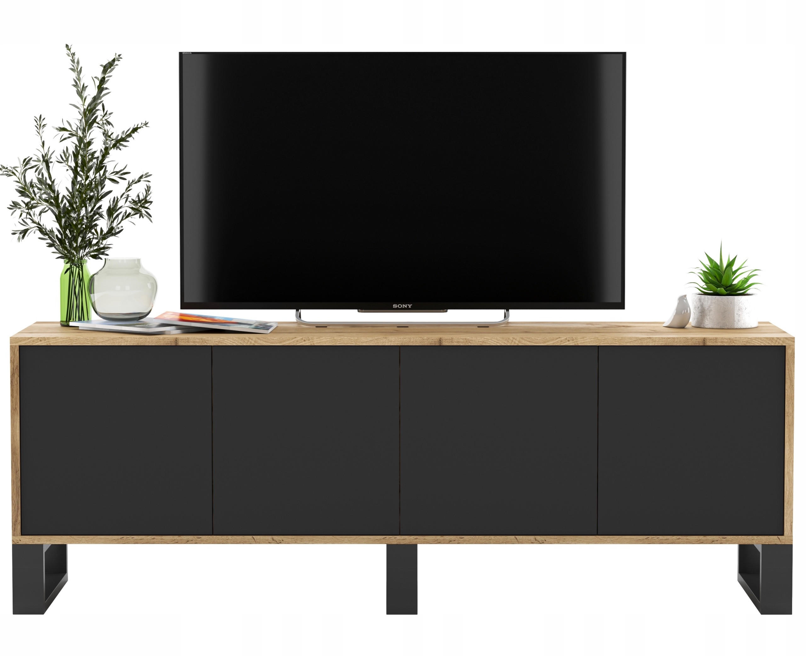 Meble Lindner TV stolek Apollo2 dub Wotan / černá matná 150 cm s kovovými nohami