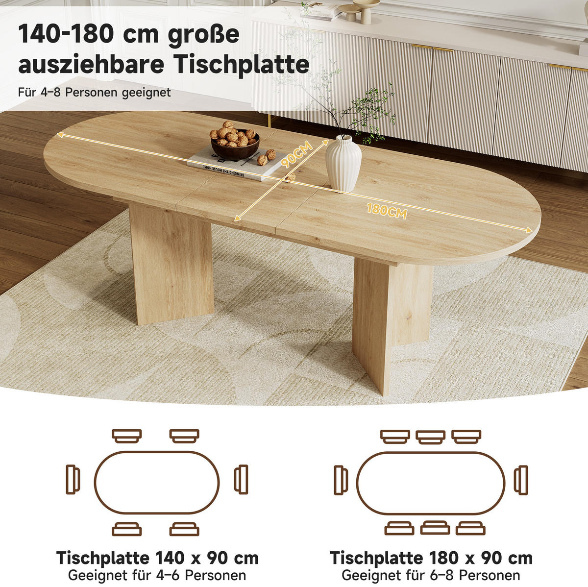 ESSTISCH ausziehbar in Eichefarben mit abgerundeten Ecken,180/90/75 cm - Eichefarben, Holzwerkstoff (180/90/75cm) - Flora Grace