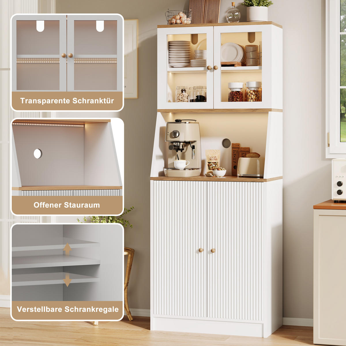 BUFFET modern, weiß, LED-Beleuchtung, groß, minimalistisch, elegant - Weiß, Holz (70/180/40cm) - EuroLiving
