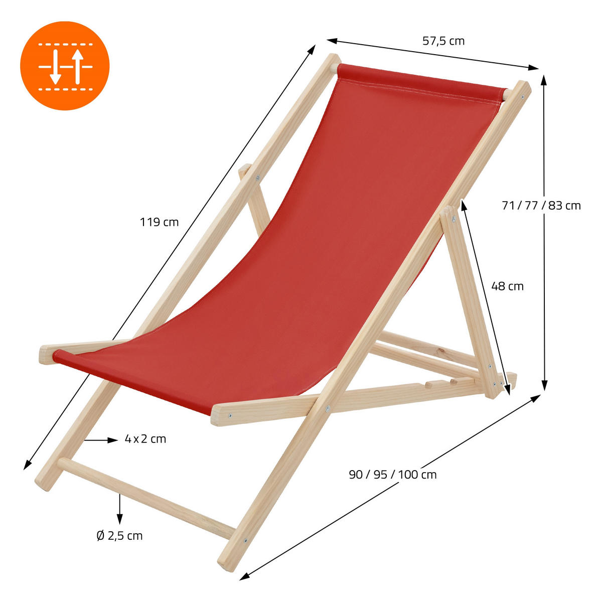 LIEGESTUHL Rot - Rot, Holz (57.5/83/100cm) - ECD-Germany