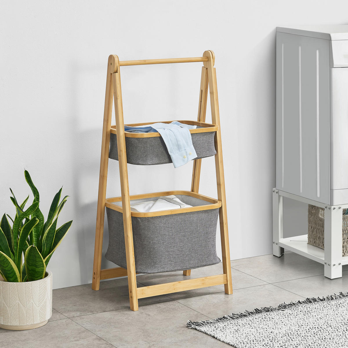 LEITERREGAL Värnamo - Naturfarben/Grau, Holz/Textil (45/97/36cm) - [en.casa]