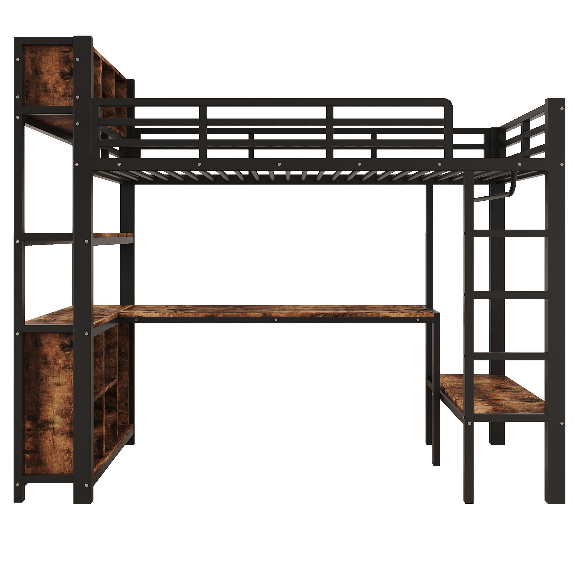 HOCHBETT 90/200 cm Schwarz, mit Tisch, Kleiderständer, Regalen und Staufächern - Schwarz, Metall