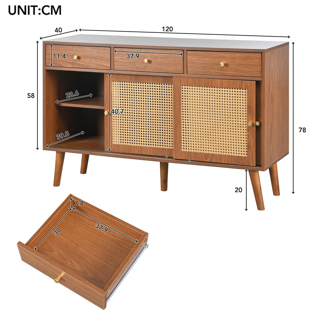 KOMMODE aus MDF 120x40x78cm in Walnuss mit 3 Schubladen & 3 Türen - Walnussfarben, Holzwerkstoff (120/78/40cm) - Modfu