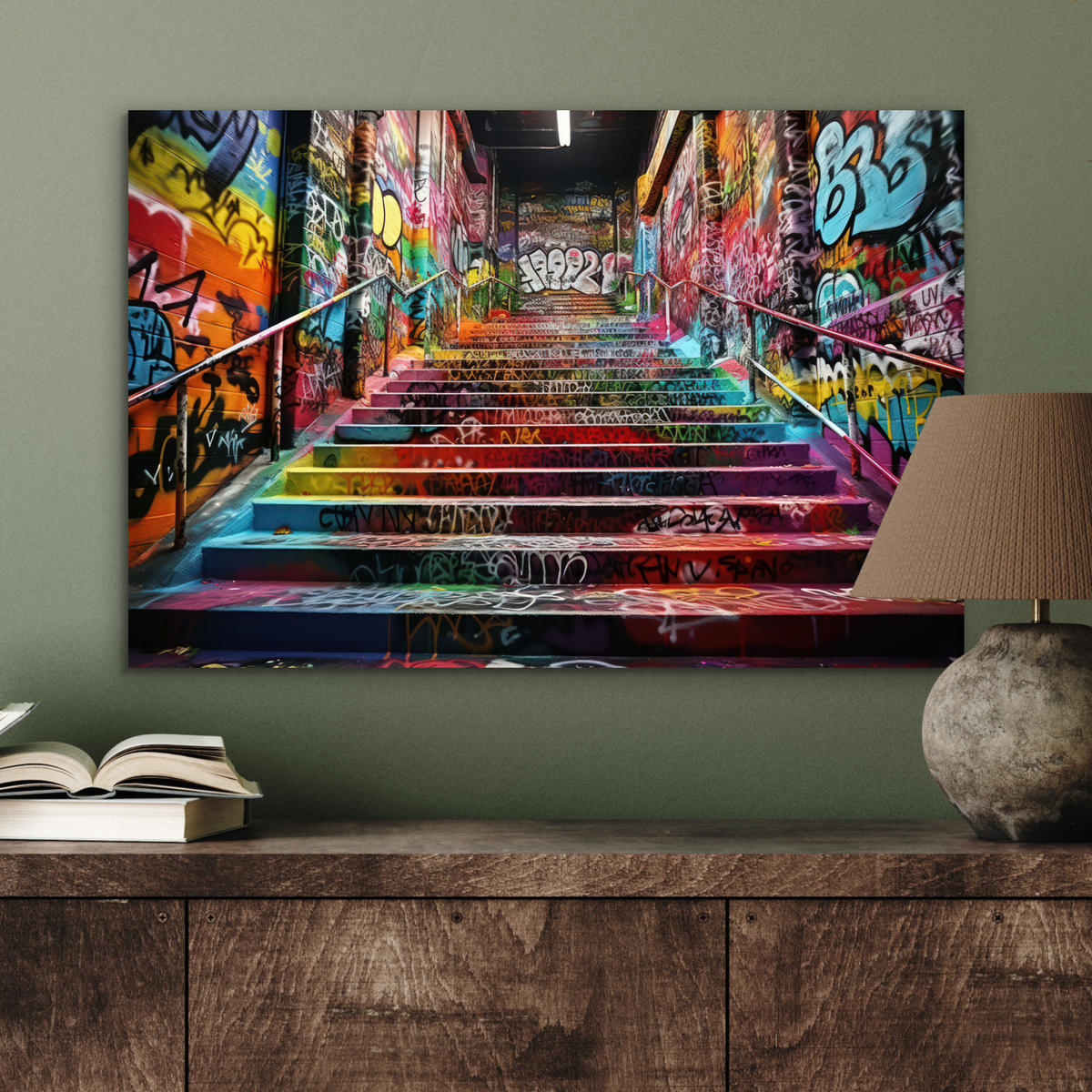 METALLBILD Treppe - Graffiti - Farben - Kunst 60x40 cm - Multicolor, Metall (60/40cm) - MuchoWow