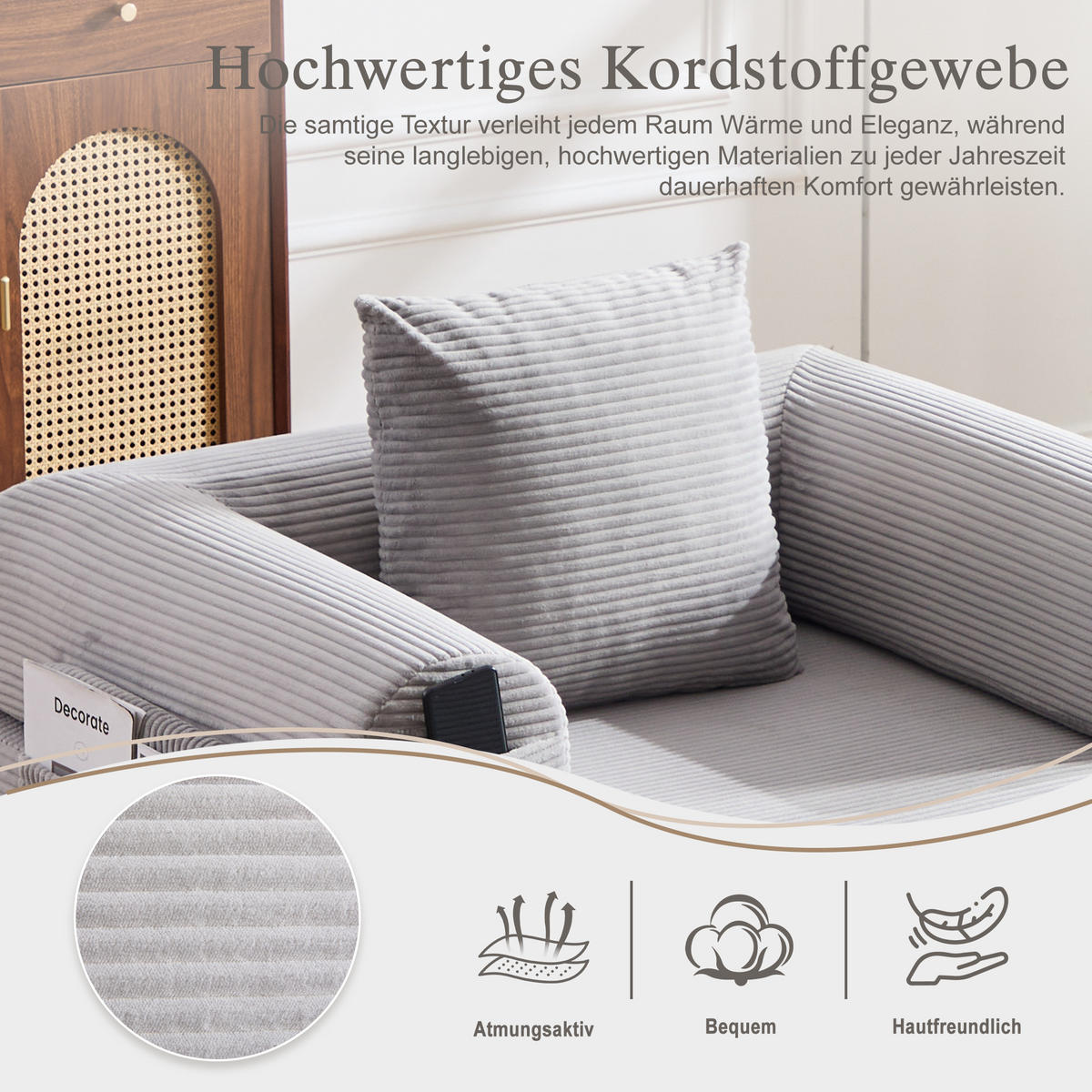 SOFA Cord Hellgrau mit Kissen und Hocker - Hellgrau, Textil/Metall (112/67/190cm) - WISHDOR