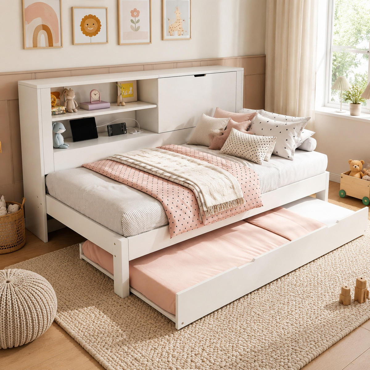 JUGENDBETT 90/190 mit Ausziehbett, Stauraum und USB in Weiß - Weiß, Holzwerkstoff (90/190cm) - EVRYAE