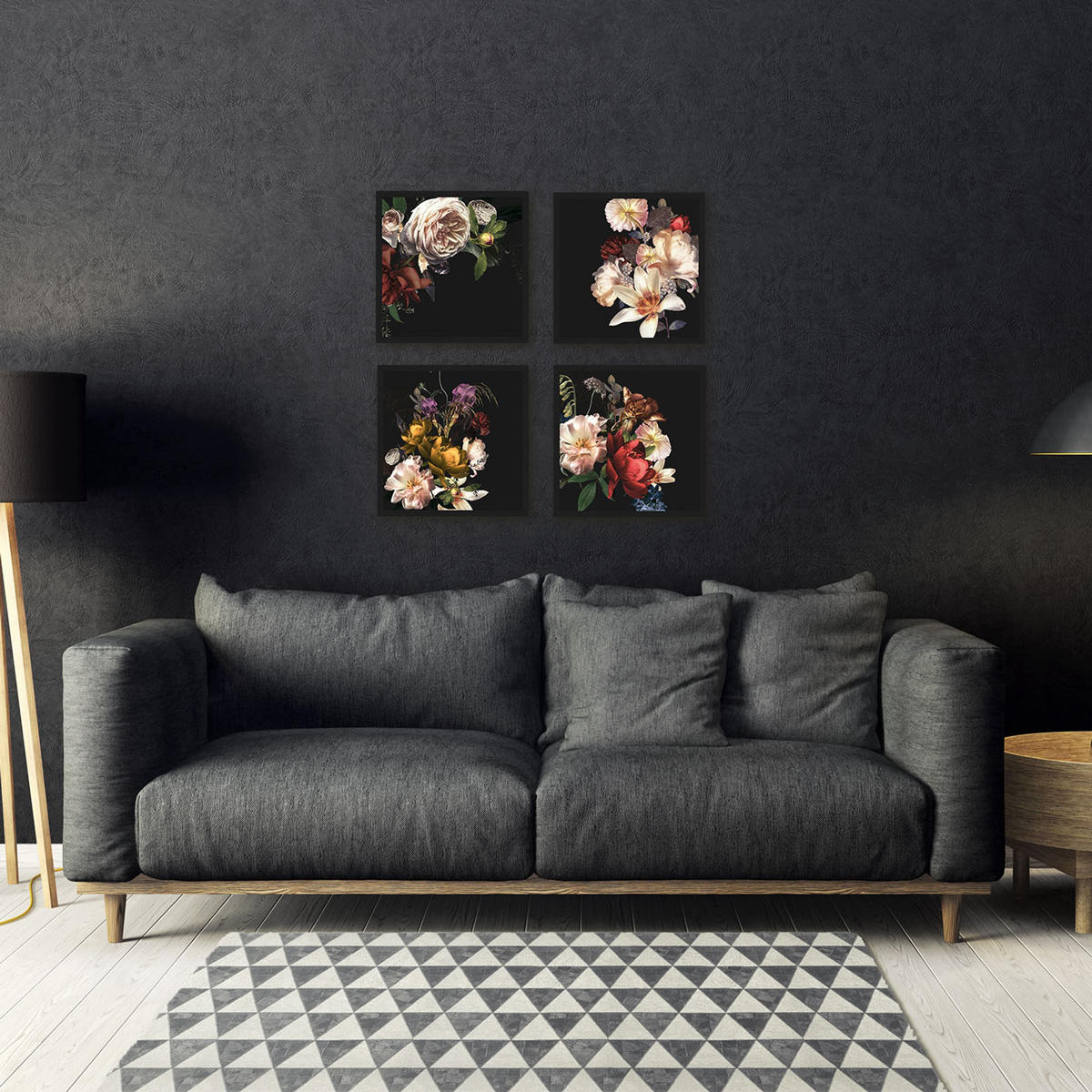 BILDER-SET mit Rahmen 4 x 30x30 cm Vintage Blumen schwarz - Gelb, Holz (30/30cm) - artissimo