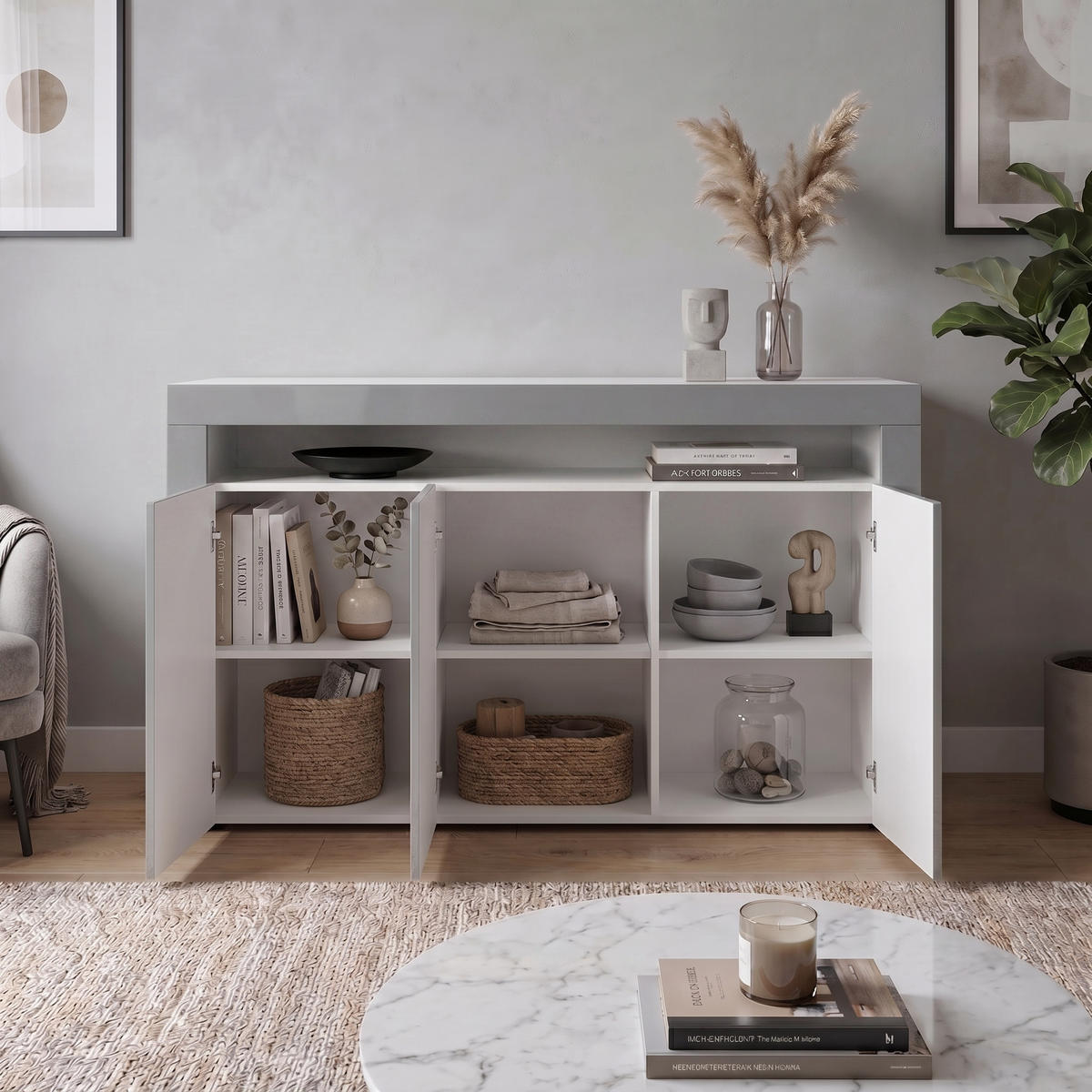 SIDEBOARD Valencia Grau Hochglanz / Grau Hochglanz - Grau, Holzwerkstoff (155/92/40cm) - Vladon