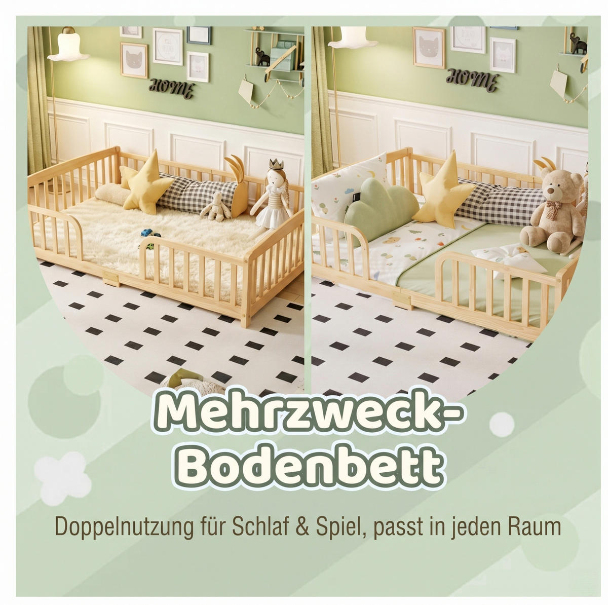 BODENBETT 140x200 cm in Natur mit Sicherheitsgeländer und mittigem Einstieg - Naturfarben, Holz (140/200cm) - IVMEU