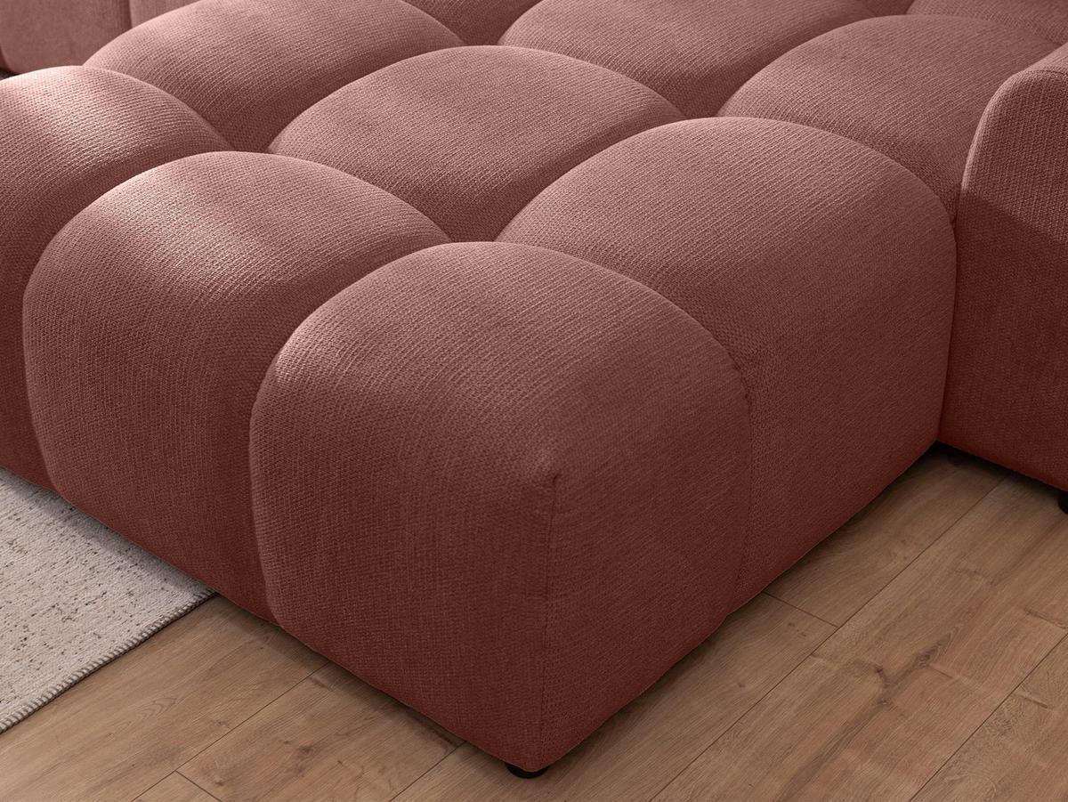 ECKSOFA inkl. Hocker Bubble mit Schlaffunktion und losen Rückenkissen, Sitzfläche Bubble-Optik aus weichem Terrakotta Strukturstoff - Ottomane Rechts - Terracotta/Schwarz, Holz/Kunststoff (306/180cm) - S-Style Möbel
