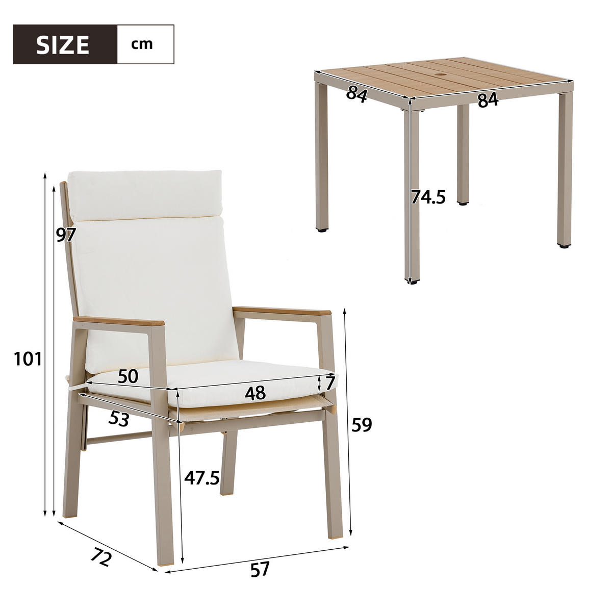 GARTEN Essgruppe 4-Sitzer 84×84×74.5 cm mit WPC Tisch, beige - Beige, Textil