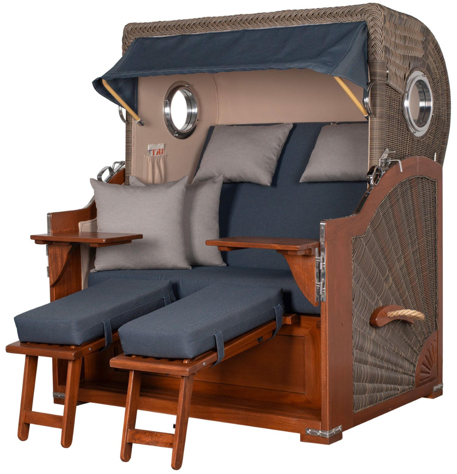 STRANDKORB Komplettset: Königssee Mahagoni Bullauge - PE grau - Modell 593 - Grau, Holz/Kunststoff (142/170/95cm) - bene living