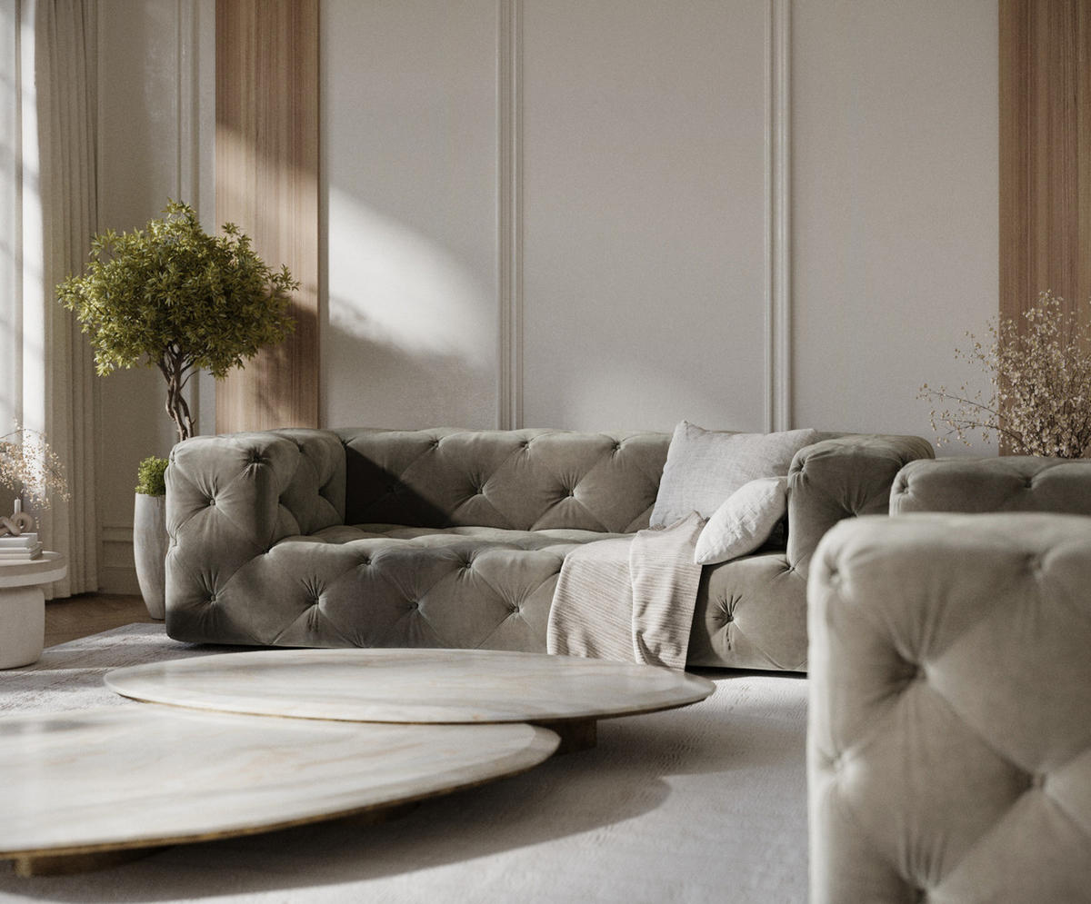 3-SITZER-SOFA Cosimo Taupe Samtstoff - Taupe/Schwarz, Holz/Holzwerkstoff (230/71/100cm) - Maison de Reve