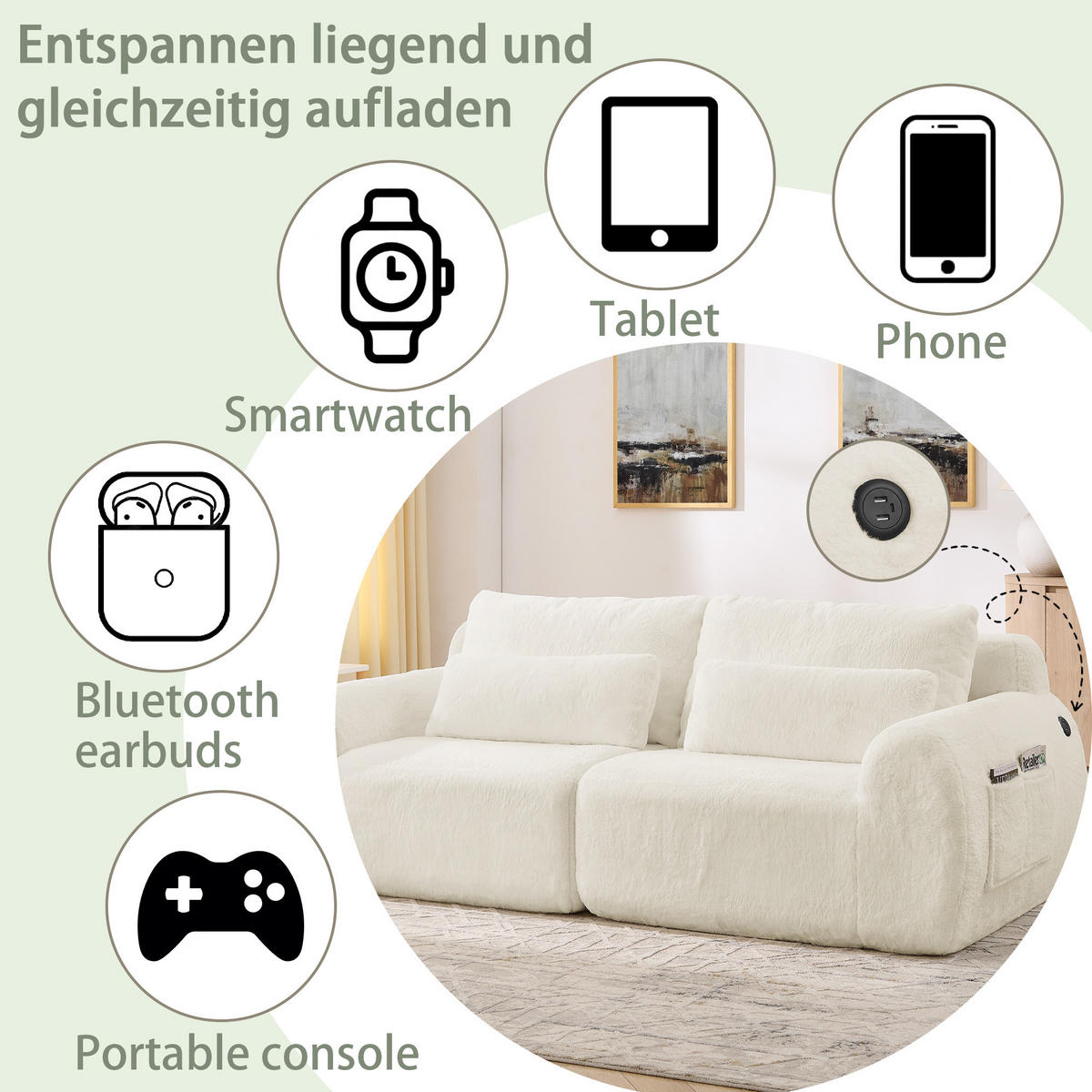 2-SITZER SOFA Kaninchenstil-Kunstfell Beige mit USB und Magazintasche - Beige, Textil (208/81/101cm) - WISHDOR