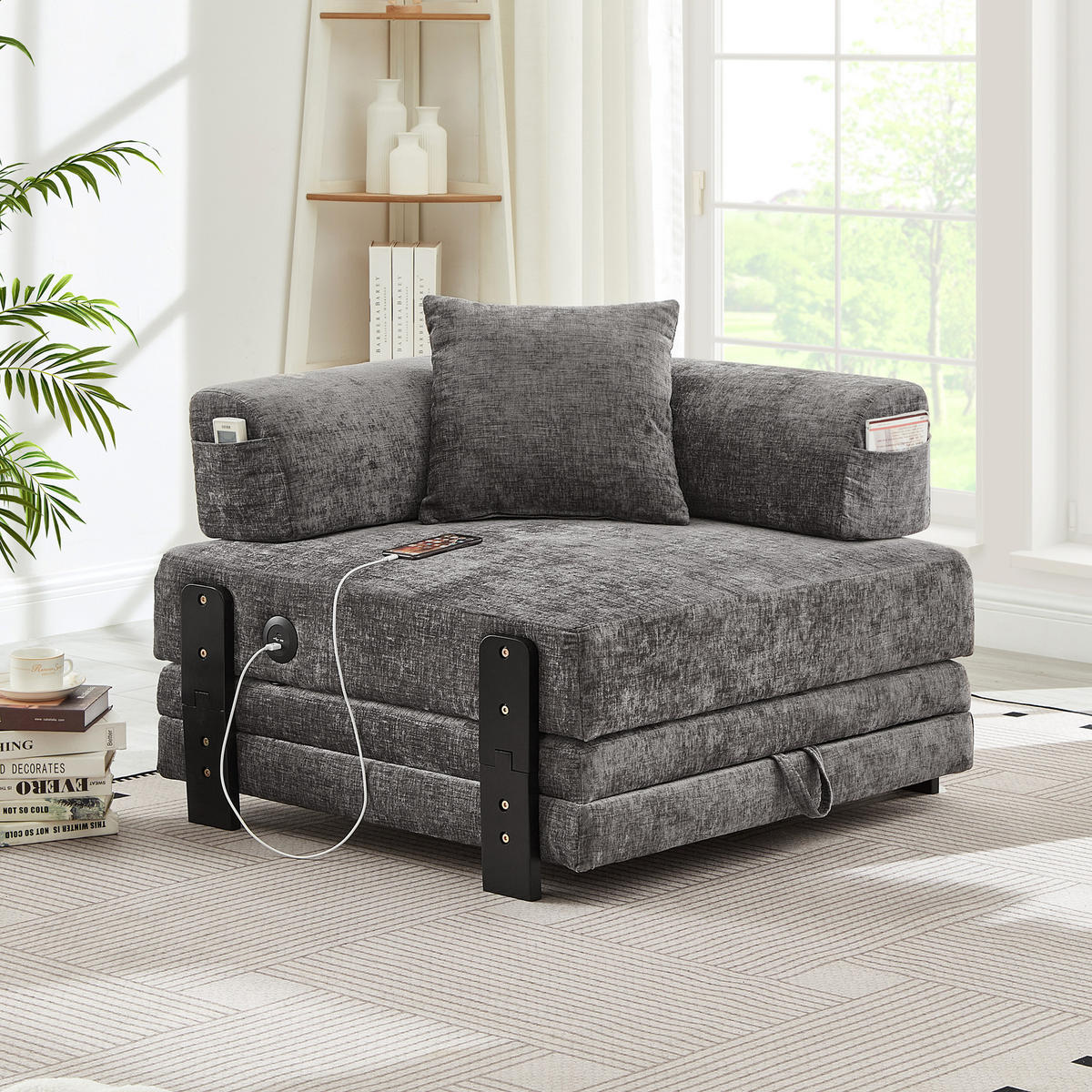 SCHLAFSOFA DE-35099 mit USB und Stauraum Dunkelgrau - Dunkelgrau, Textil (170.5/48/84cm) - ComfortXL
