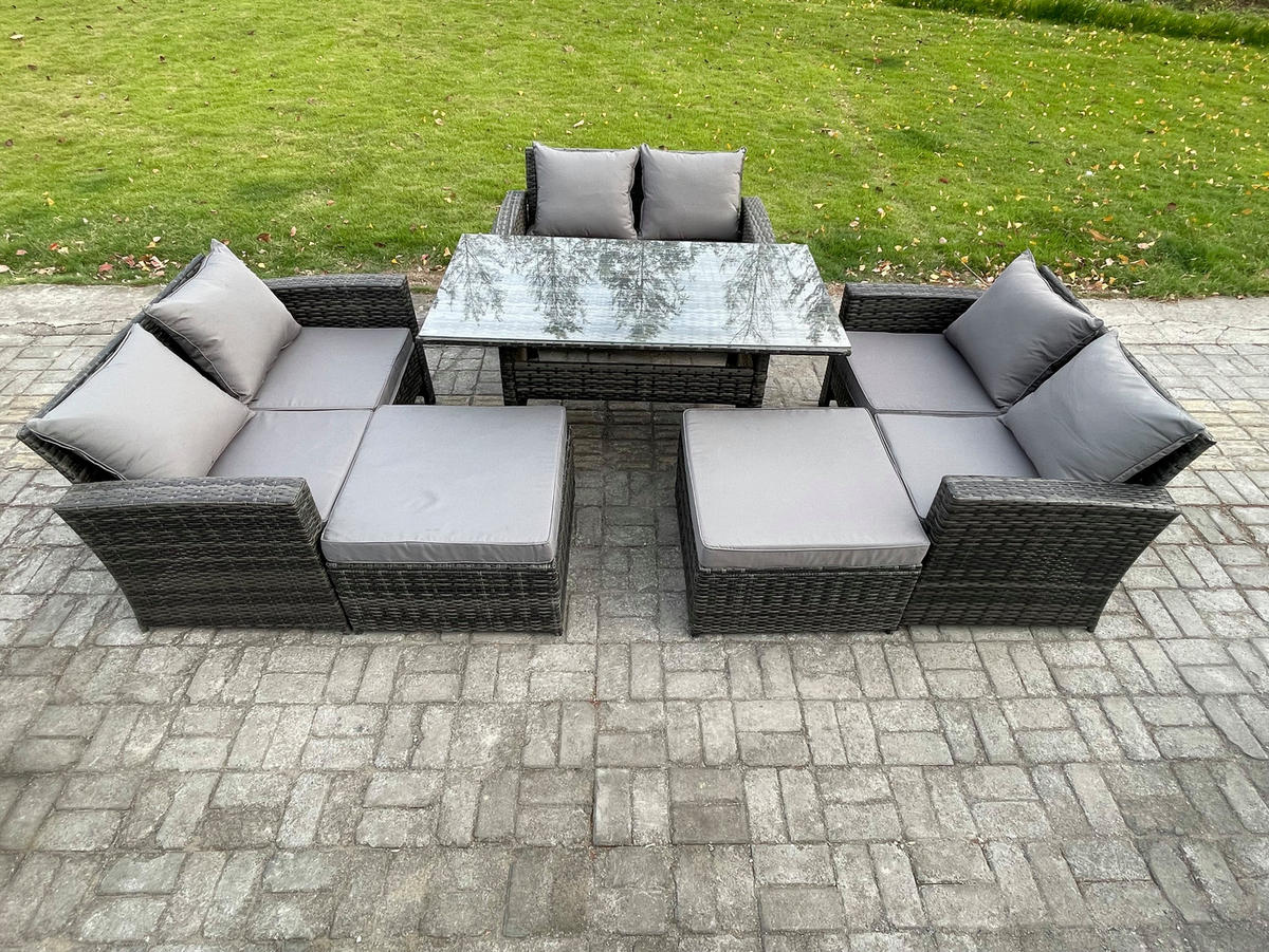 BALKONMÖBEL-SETS mit 2-Sitzer Sofa,2 große Fußhocker,Esstisch Polyrattan Dunkelgrau 8-Sitzer - Dunkelgrau/Grau, Glas/Kunststoff - Fimous