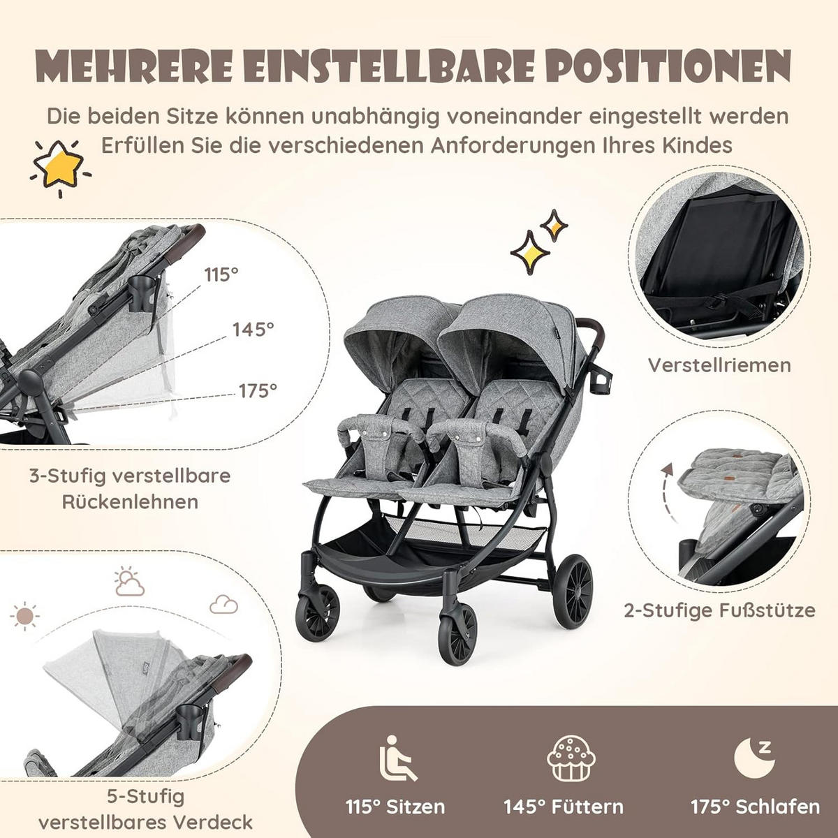 ZWILLINGSKINDERWAGEN Faltbarer Grau - Grün, Metall (105/79/106cm) - COSTWAY