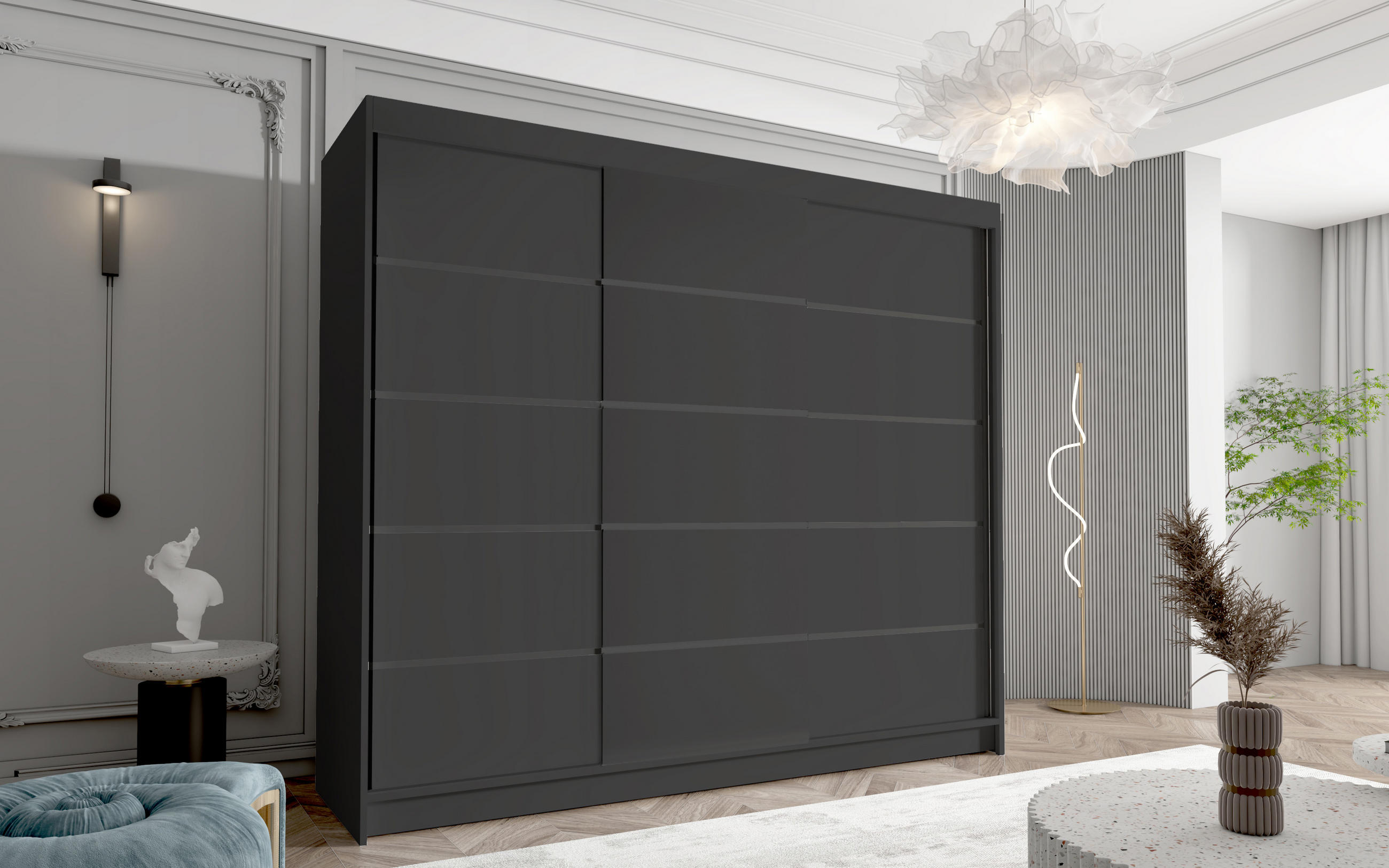 SCHWEBETÜRENSCHRANK Davos VII - 250 cm - Schwarz, Holzwerkstoff/Metall (250/215/58cm) - Sofnet