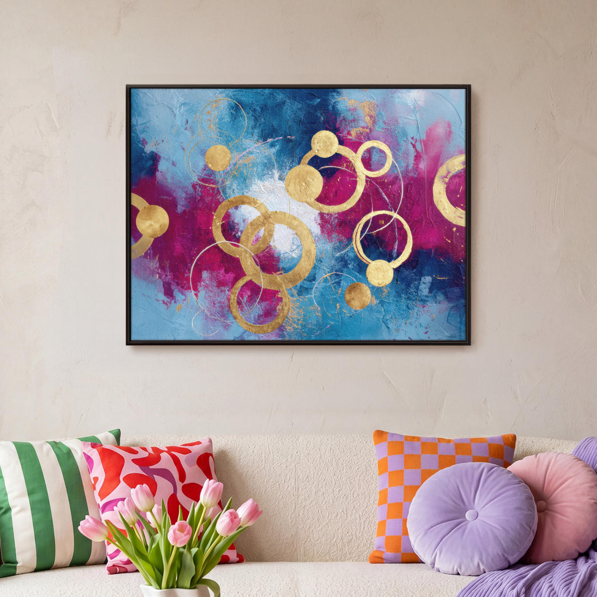 LEINWAND Bilder mit Rahmen - Kreise - Gold - Abstrakt - 80x60 - Blau, Textil (80/60cm) - MuchoWow