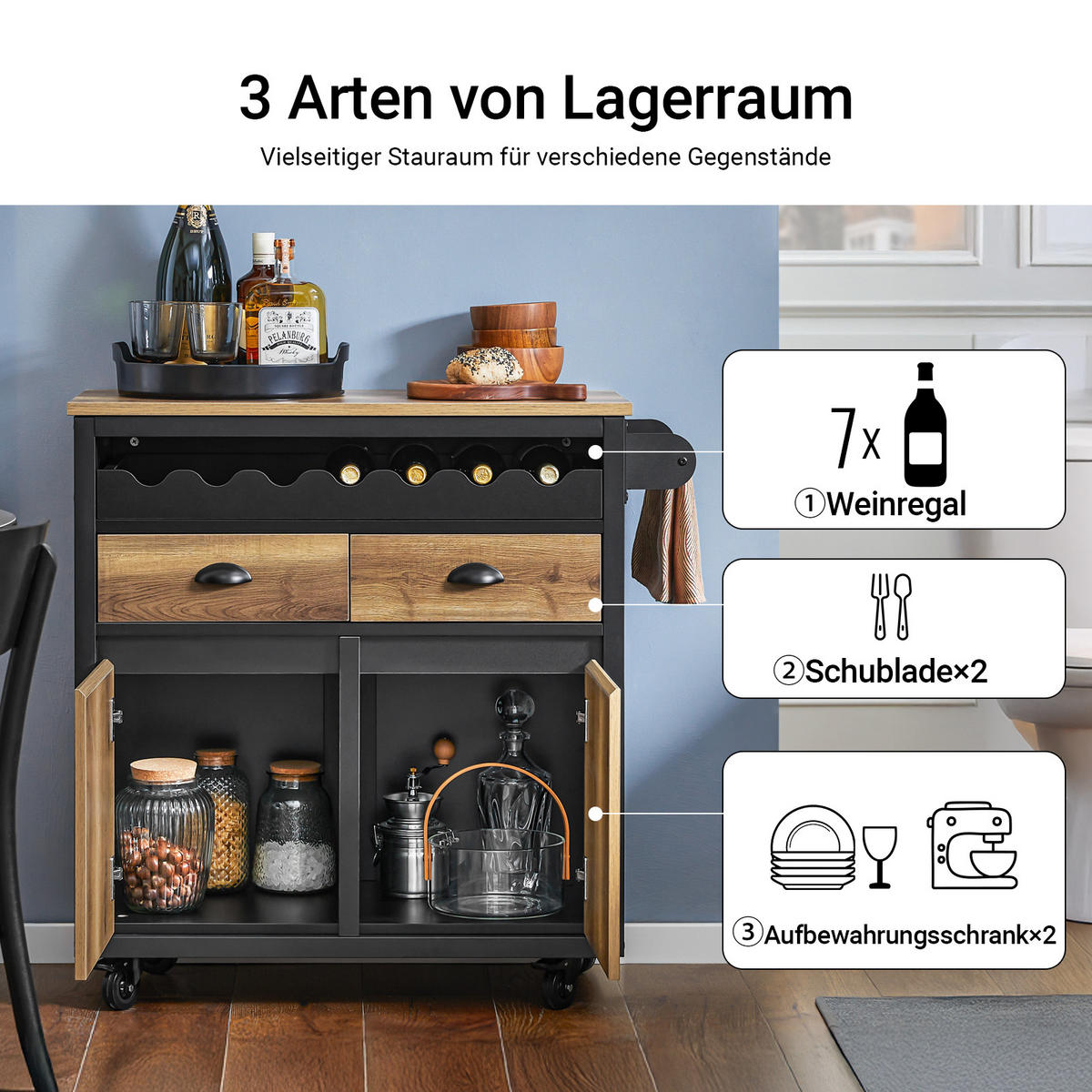 KÜCHENINSEL rollbar Vintagebraun-Schwarz - Schwarz, Holzwerkstoff/Metall (89/87/40cm)
