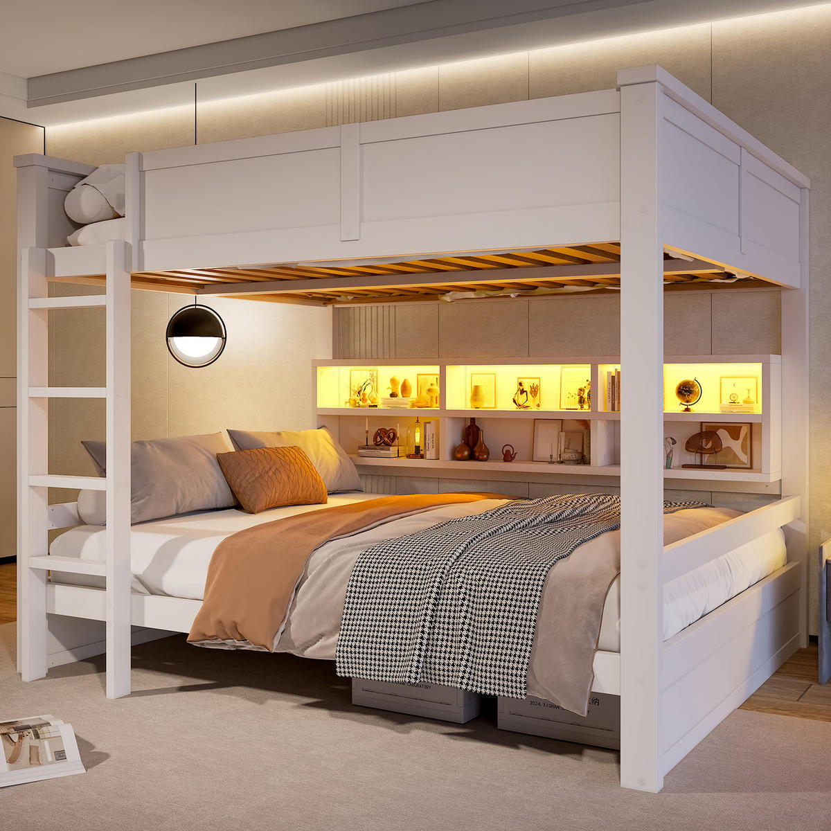 ETAGENBETT 160/200 cm in Weiß mit 6 Schränken und LED - Weiß, Holzwerkstoff (160/200cm) - STILVORA