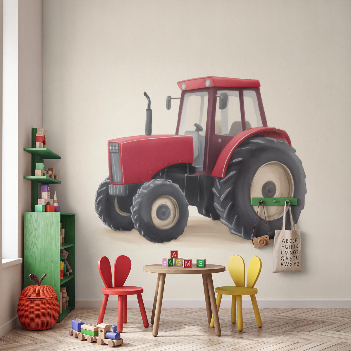 KINDERTAPETE - Traktor - Minimalistisch - Illustration - Rot - 280x280 cm - Rot, Papier (280/280cm) - OnlyWow