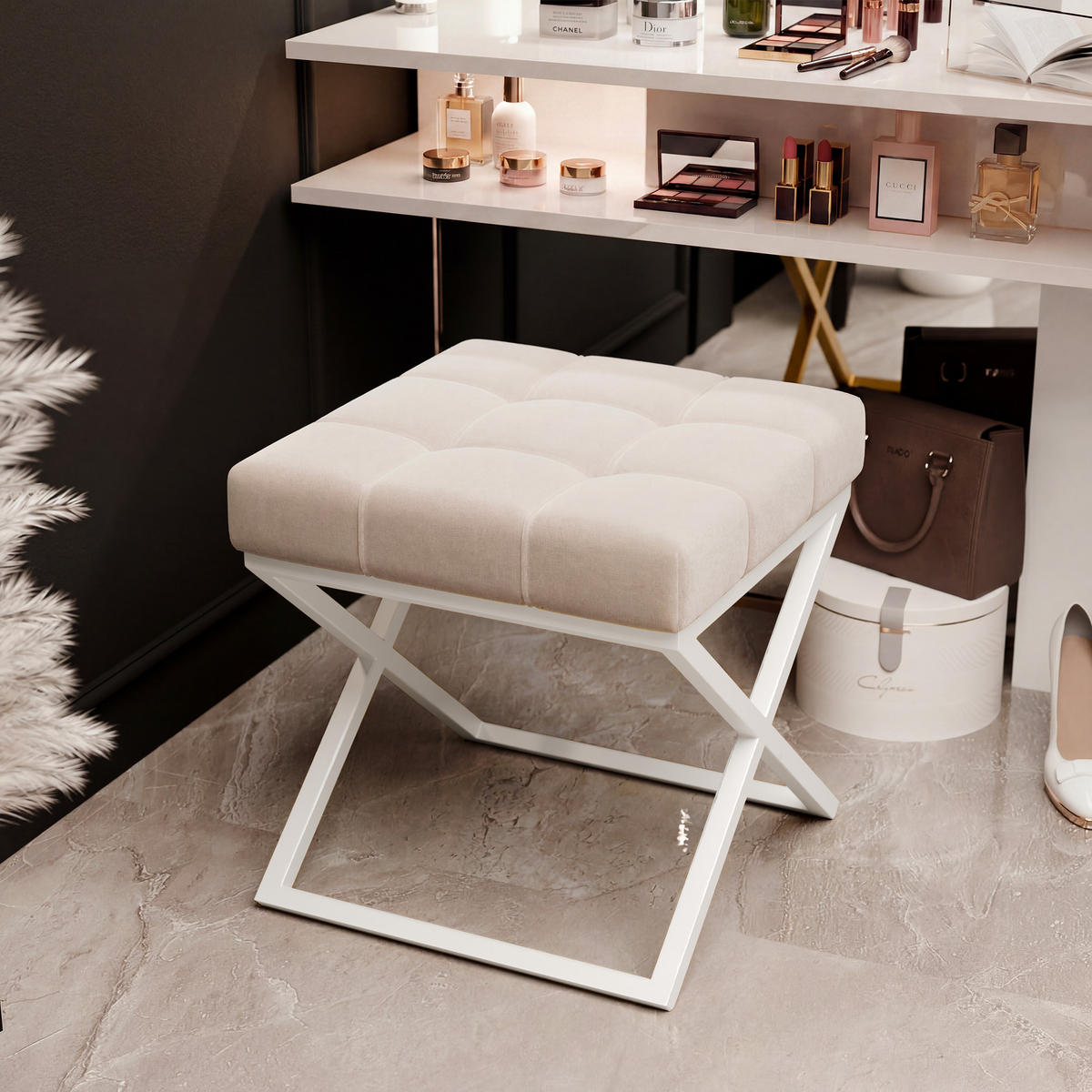 HOCKER LIND 45/45/45 cm, Weiß / Beige - Beige/Weiß, Textil/Metall (45/45/45cm) - Idohome