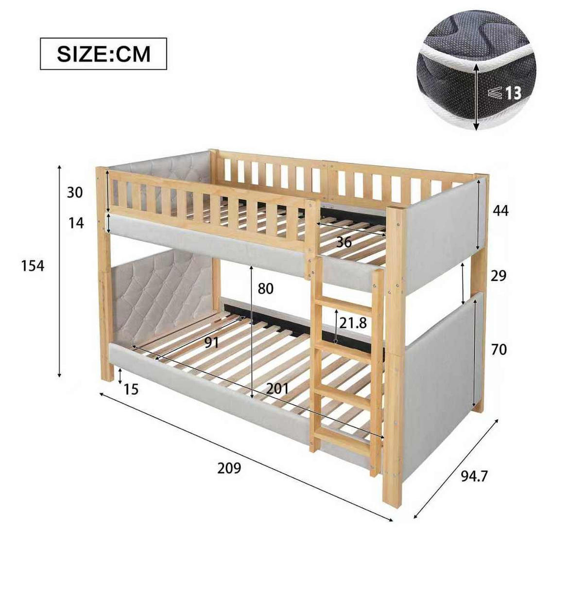 ETAGENBETT 90/200 cm in Grau/Natur mit Treppe und weichen Schutzkanten - Grau, Holz - BEAOK
