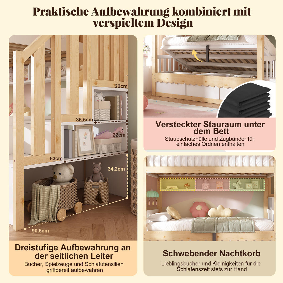 ETAGENBETT 90x200 cm Weiß Eiche mit Stauraum - Eichefarben/Weiß, Holz (90/200cm) - FLIEKS