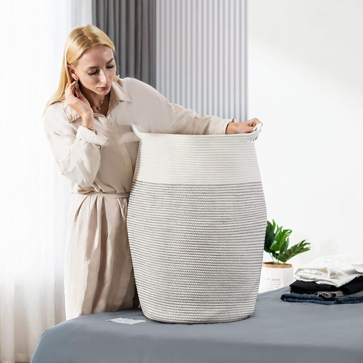 WÄSCHEKORB Geflochten Grau Weiß 105L - Multicolor, Textil (38/50/38cm)